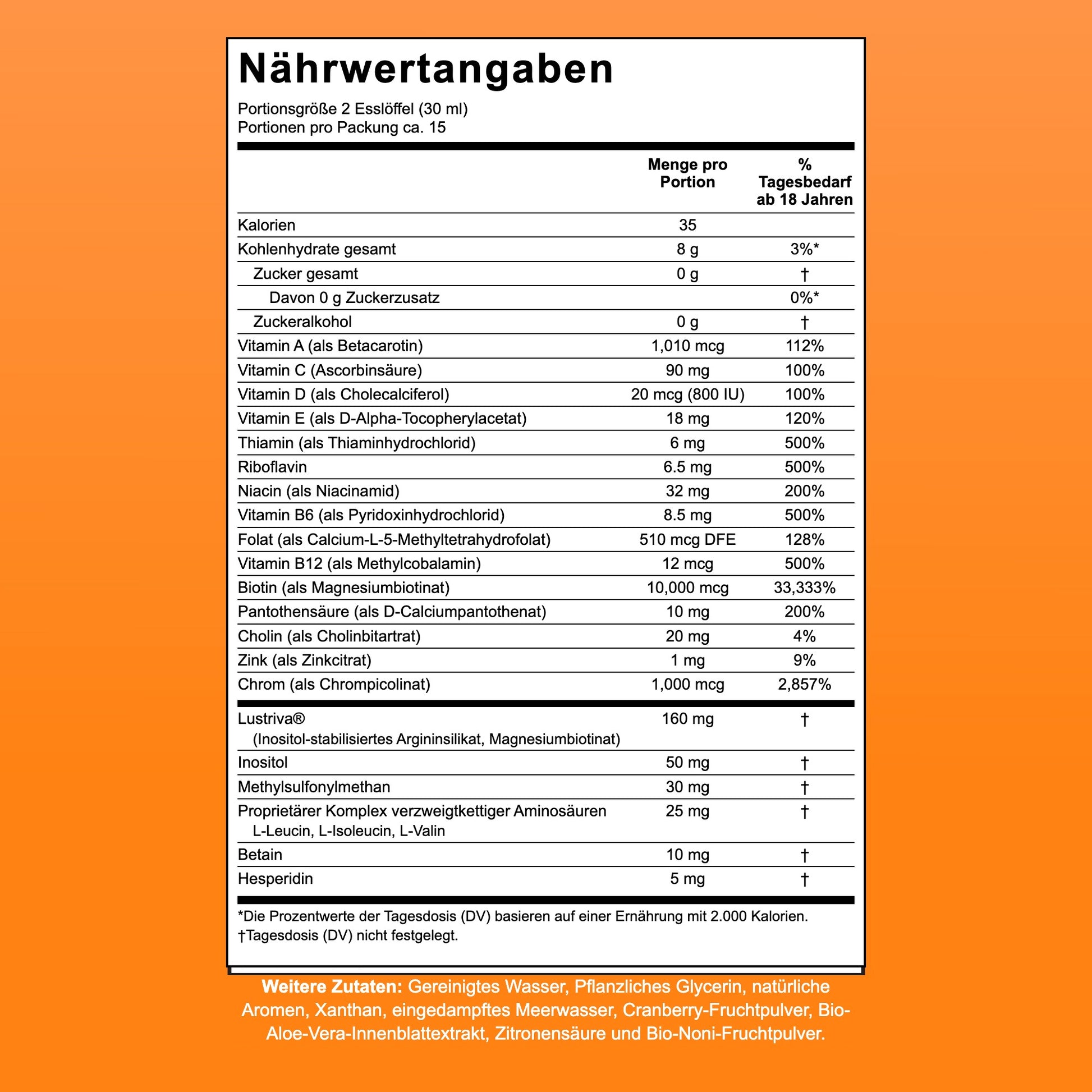 Supplement-Facts-Panel von MaryRuth Liquid Morning Multivitamin + Hair Growth, 15 Portionen pro Packung