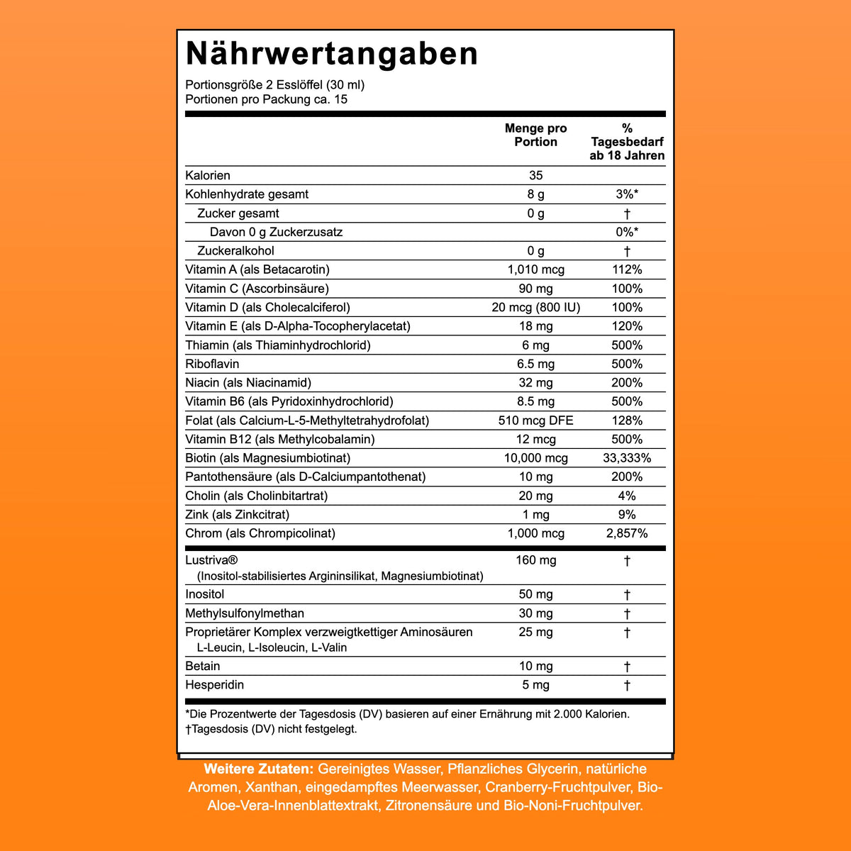 Supplement-Facts-Panel von MaryRuth Liquid Morning Multivitamin + Hair Growth, 15 Portionen pro Packung