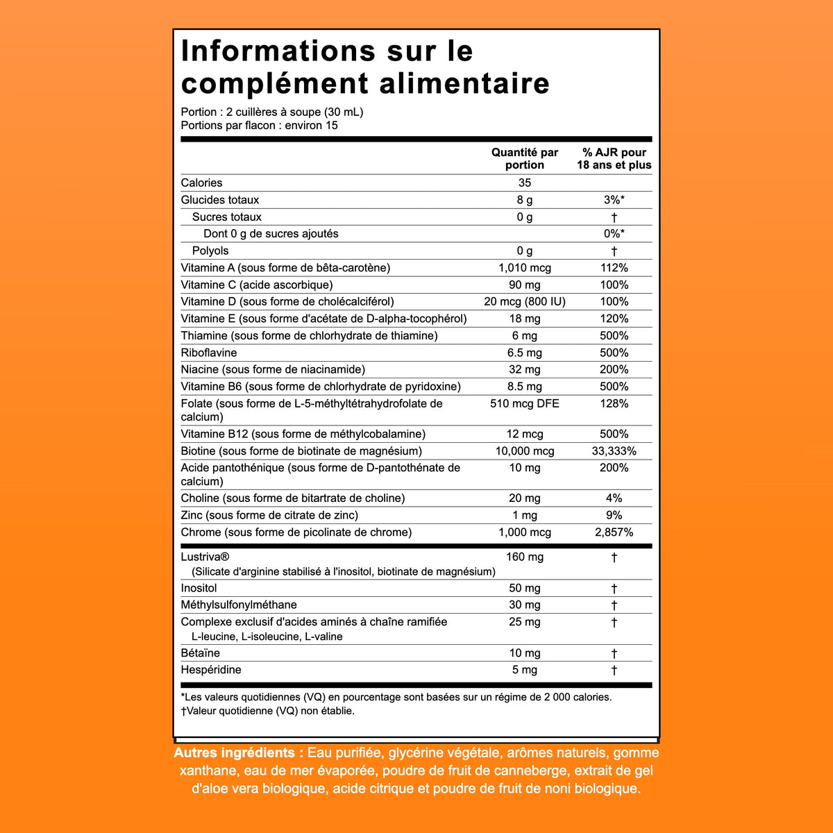 Panneau supplement facts de MaryRuth Liquid Morning Multivitamin + Hair Growth, 15 doses par flacon