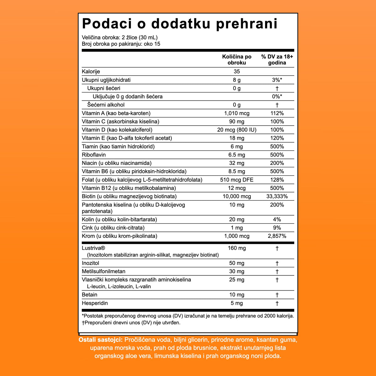 Tablica sastava za MaryRuth Liquid Morning Multivitamin + Hair Growth, 15 porcija po pakiranju