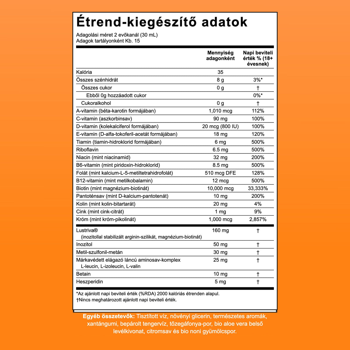 Étrend-kiegészítő tápértéktáblázat a MaryRuth Liquid Morning Multivitamin + Hair Growth termékhez, 15 adag/csomag