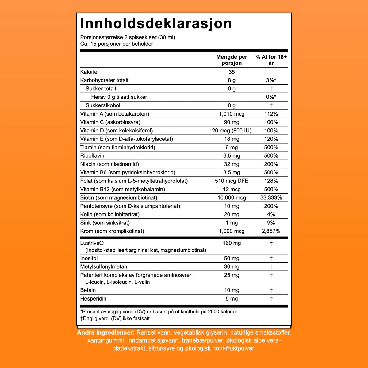Innholdsdeklarasjon for MaryRuth Liquid Morning Multivitamin + Hair Growth, 15 porsjoner per beholder