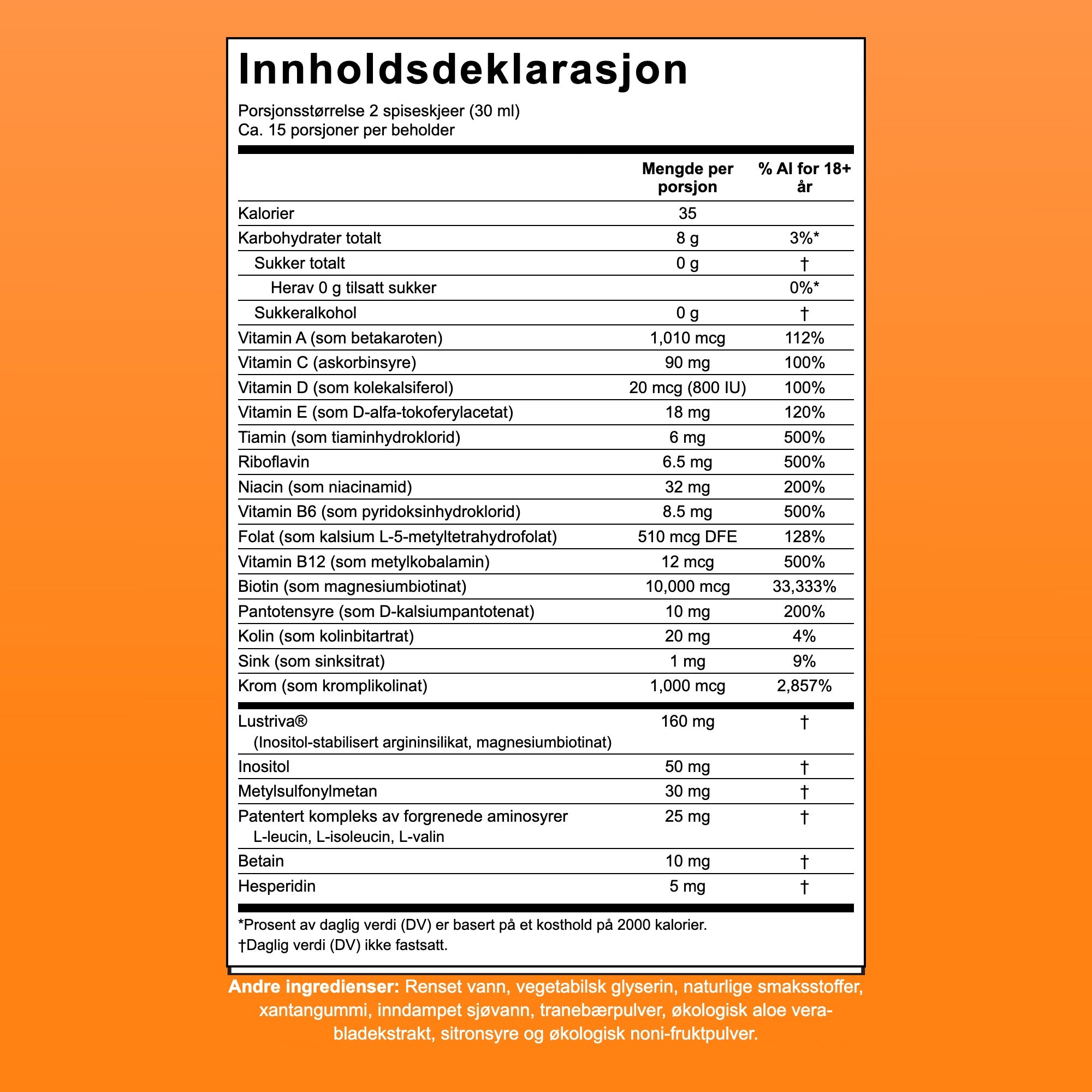 Innholdsdeklarasjon for MaryRuth Liquid Morning Multivitamin + Hair Growth, 15 porsjoner per beholder