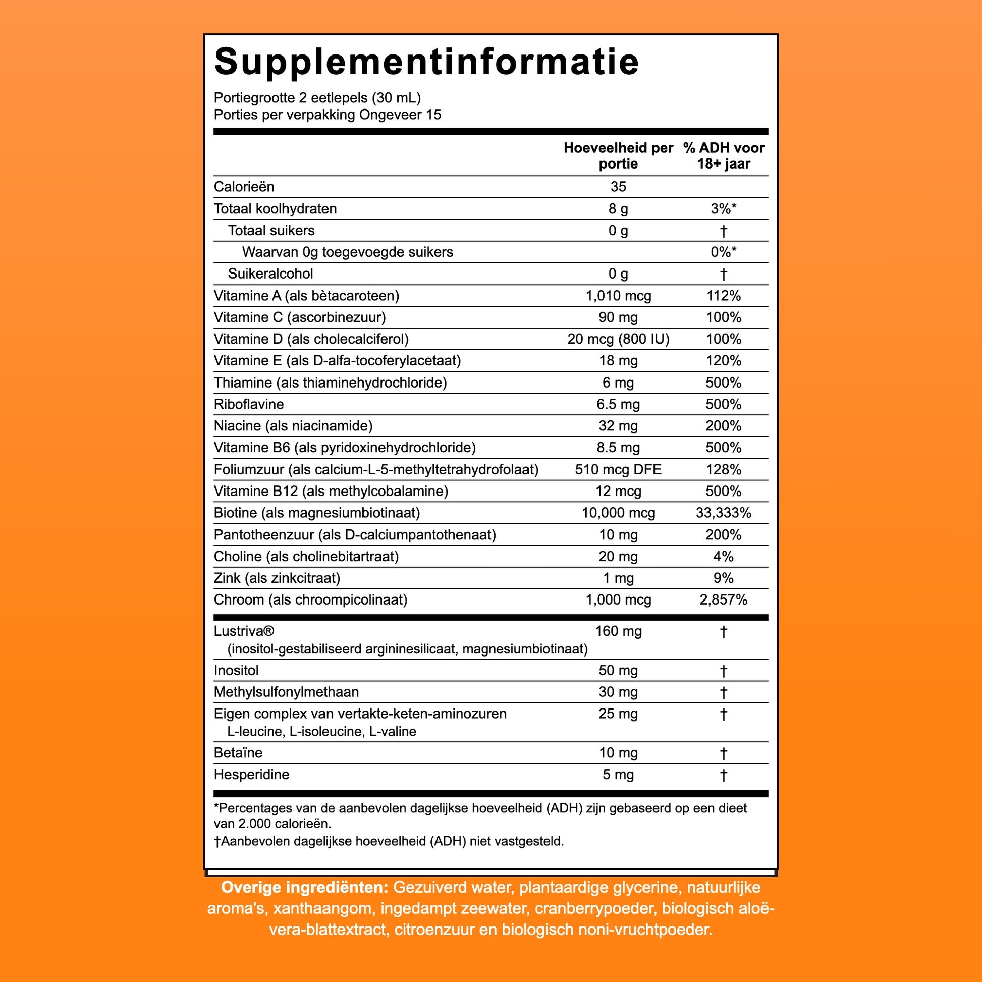 Supplement facts-paneel van MaryRuth Liquid Morning Multivitamin + Hair Growth, 15 porties per verpakking
