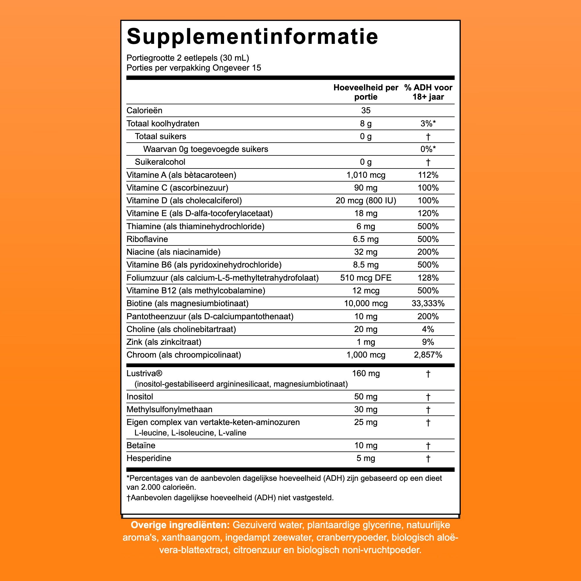 Supplement facts-paneel van MaryRuth Liquid Morning Multivitamin + Hair Growth, 15 porties per verpakking