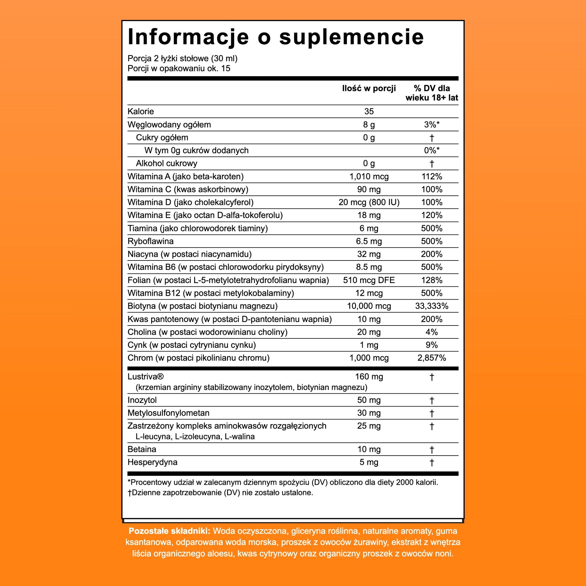 Tabela wartości odżywczych MaryRuth Liquid Morning Multivitamin + Hair Growth, 15 porcji w opakowaniu