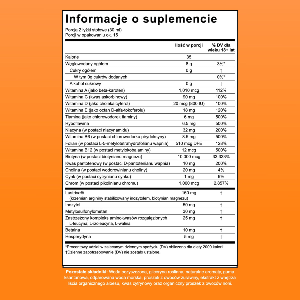 Tabela wartości odżywczych MaryRuth Liquid Morning Multivitamin + Hair Growth, 15 porcji w opakowaniu