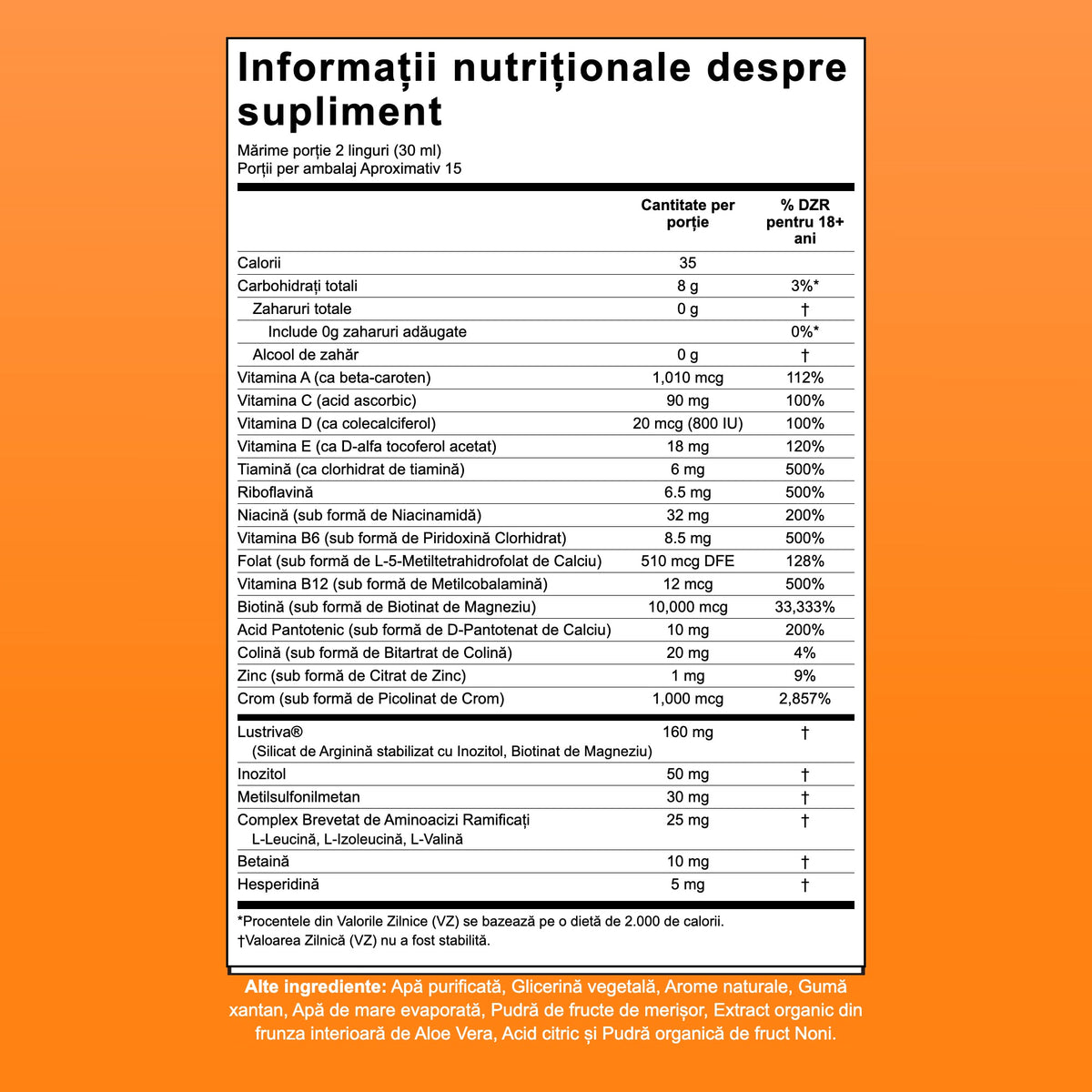 Tabel cu informații nutriționale pentru MaryRuth Liquid Morning Multivitamin + Hair Growth, 15 porții per ambalaj