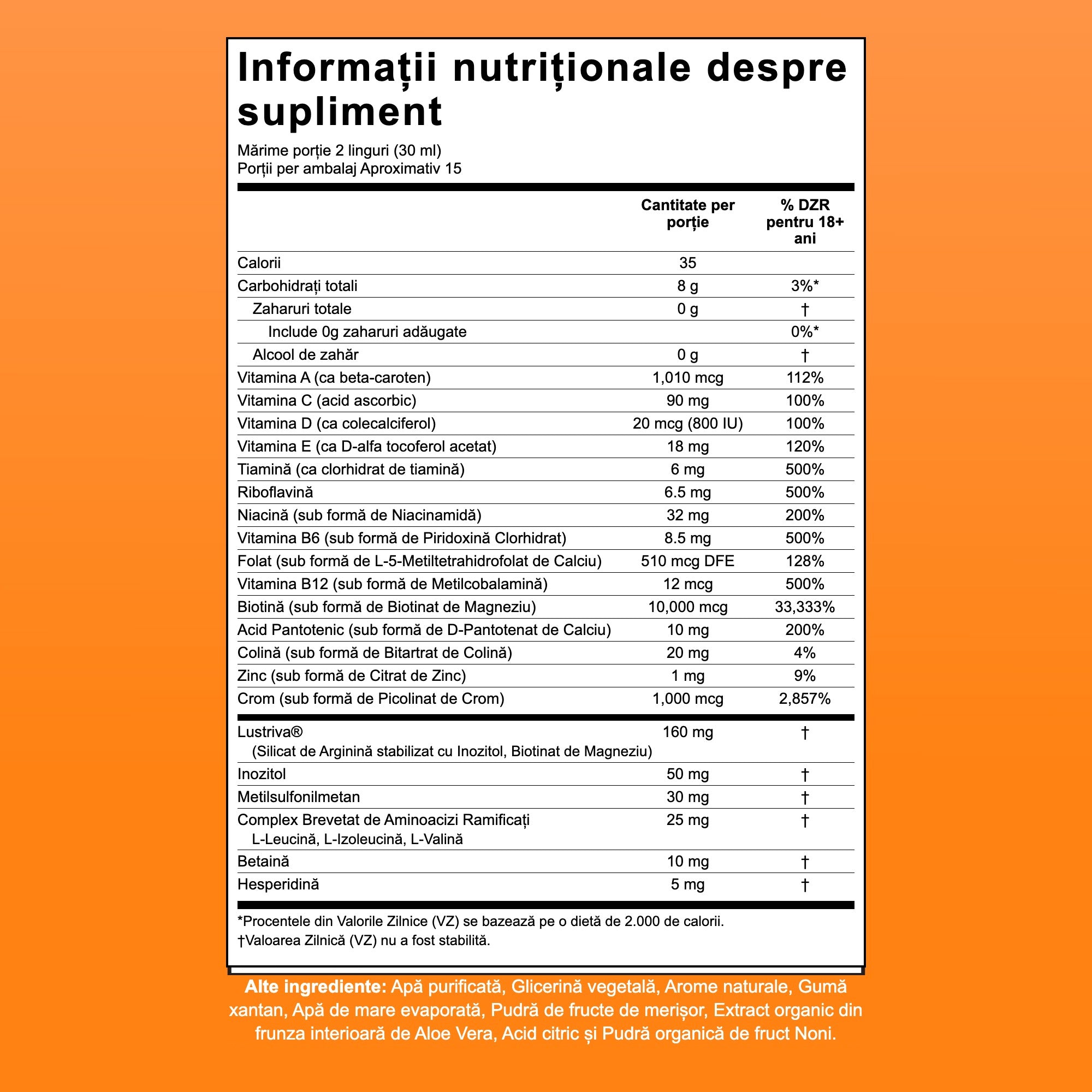 Tabel cu informații nutriționale pentru MaryRuth Liquid Morning Multivitamin + Hair Growth, 15 porții per ambalaj