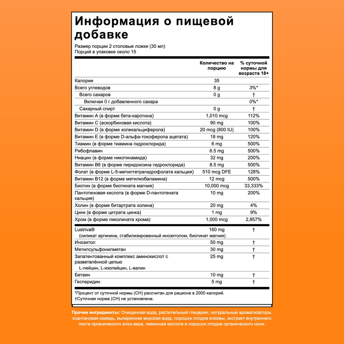 Панель состава для MaryRuth Liquid Morning Multivitamin + Hair Growth, 15 порций в упаковке