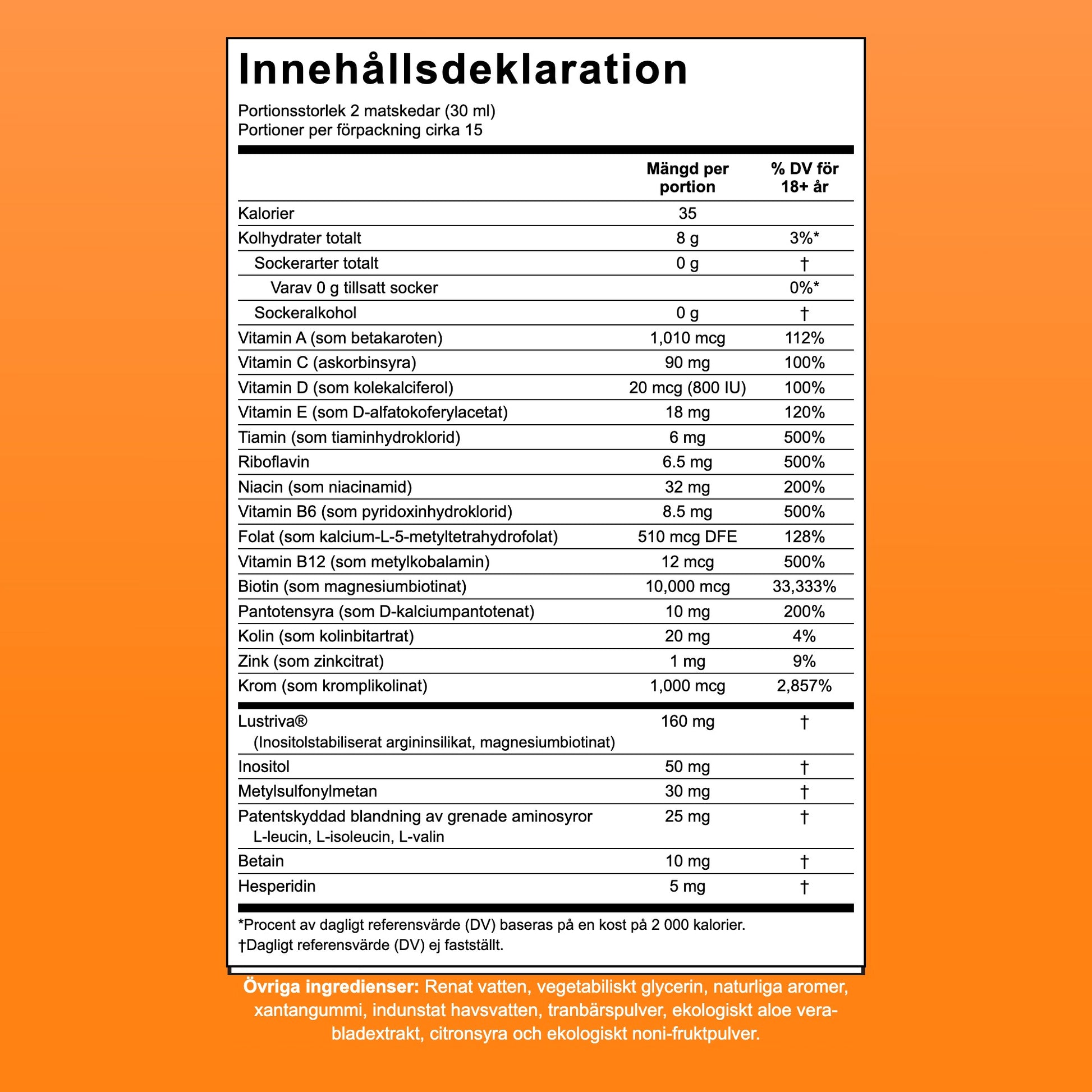 Innehållsdeklaration för MaryRuth Liquid Morning Multivitamin + Hair Growth, 15 doser per förpackning