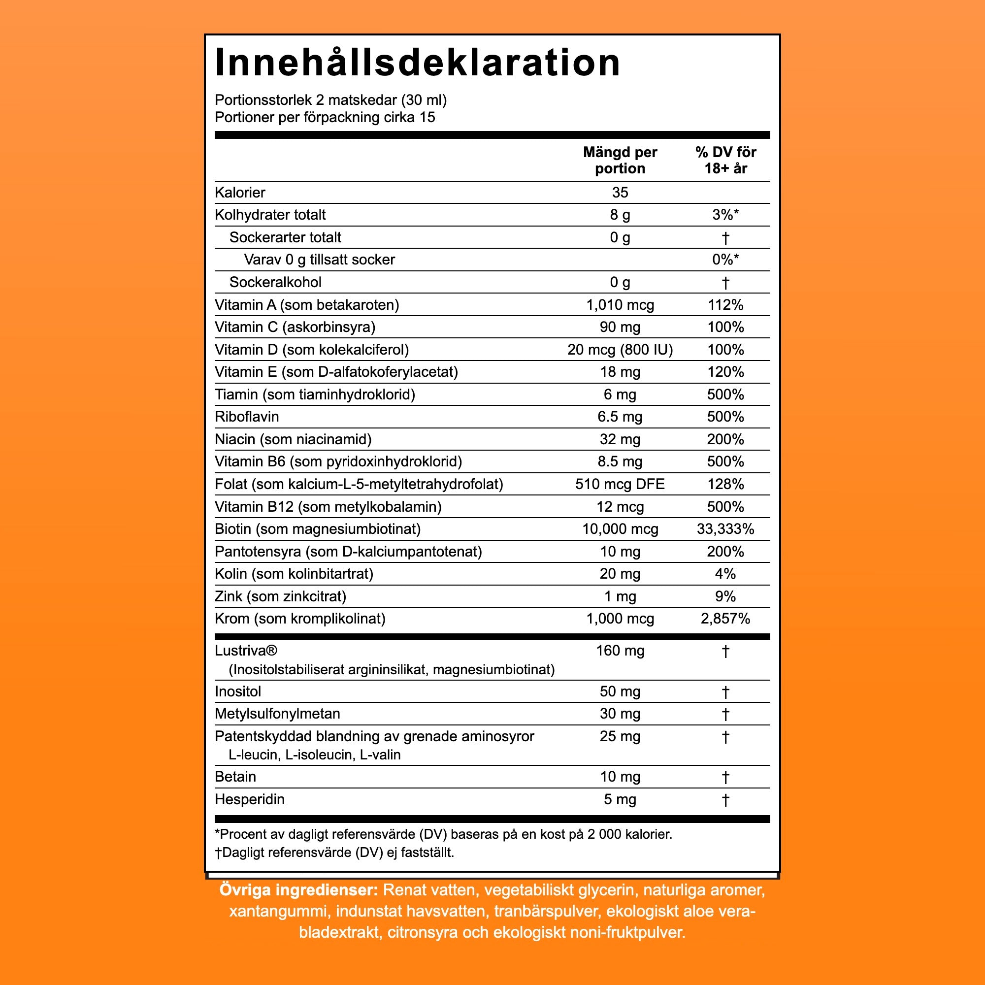 Innehållsdeklaration för MaryRuth Liquid Morning Multivitamin + Hair Growth, 15 doser per förpackning