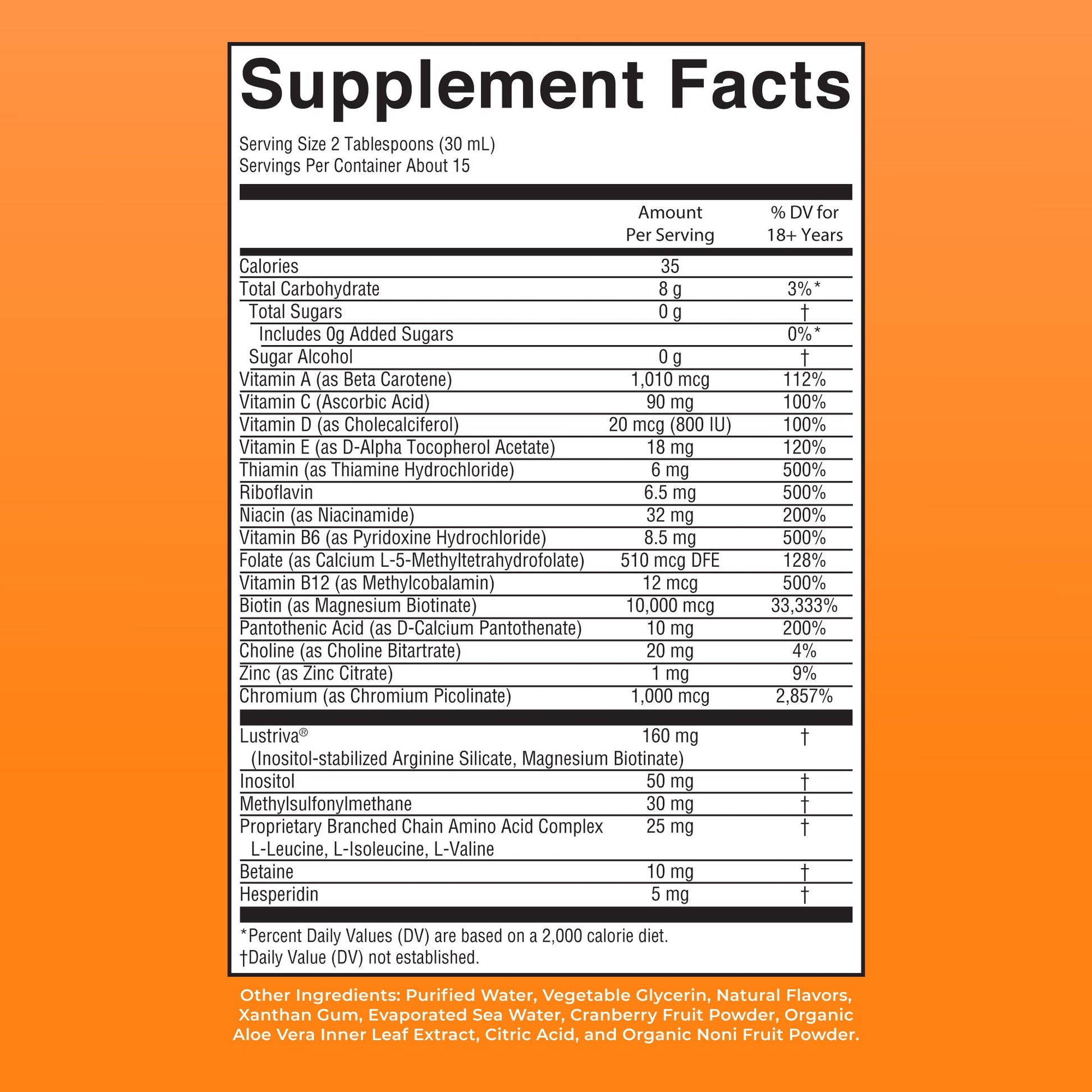 Supplement facts panel for MaryRuth Liquid Morning Multivitamin + Hair Growth, 15 servings per container