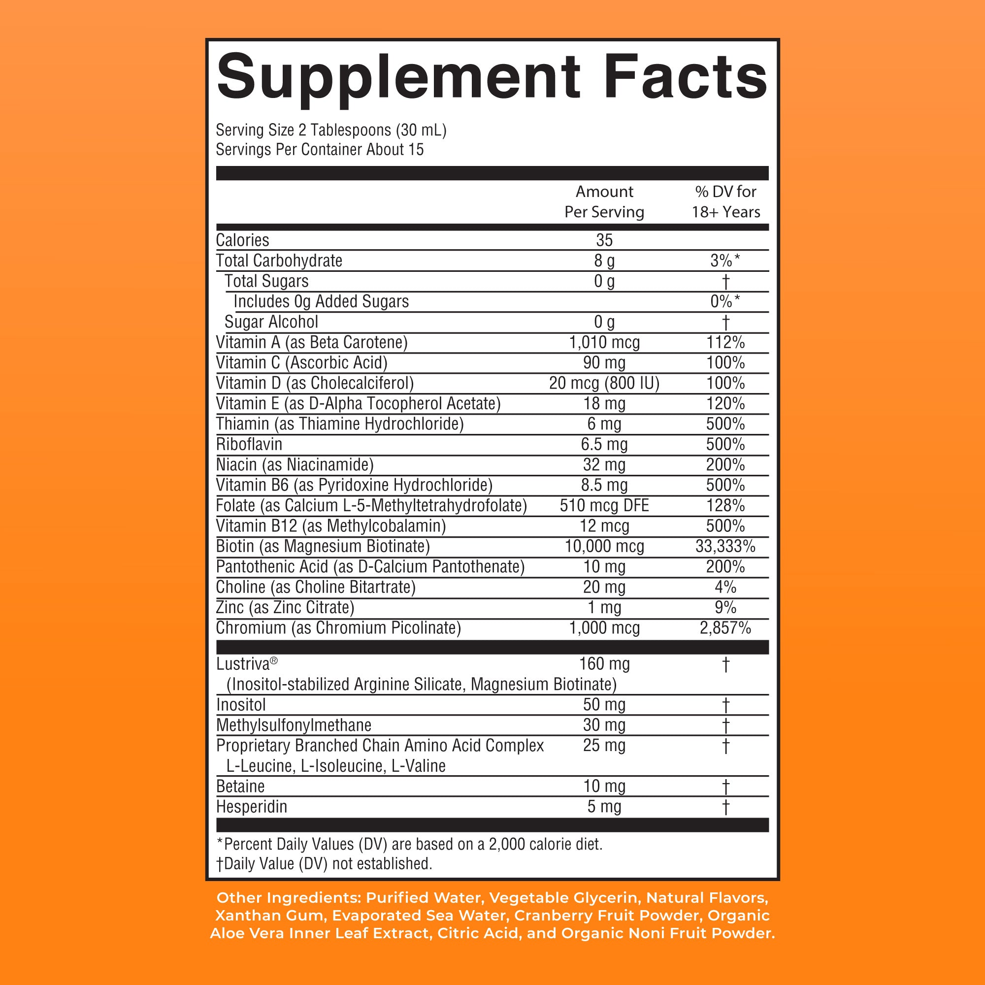 Supplement facts panel for MaryRuth Liquid Morning Multivitamin + Hair Growth, 15 servings per container