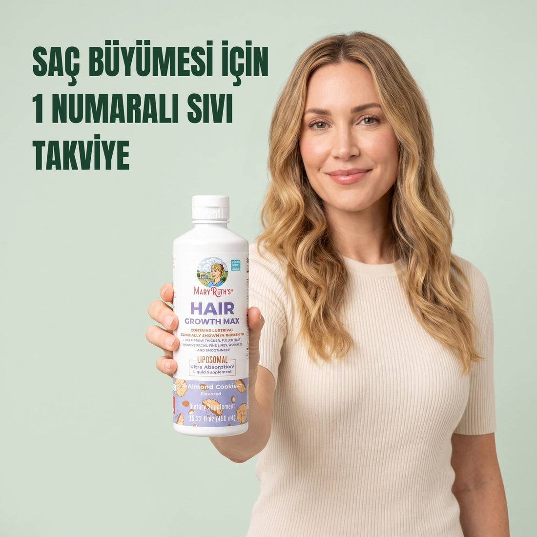 MaryRuth Organics Hair Growth Max Liposomal 450 ml şişe, badem kurabiyesi aromalı