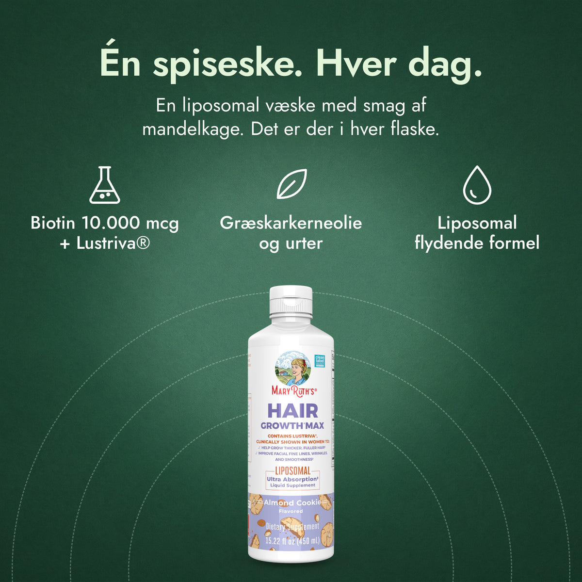 MaryRuth's Hair Growth Max Liposomal: Én spiseske. Hver dag. Biotin 10.000 mcg + Lustriva®, Græskarkerneolie og urter, Liposomal flydende formel