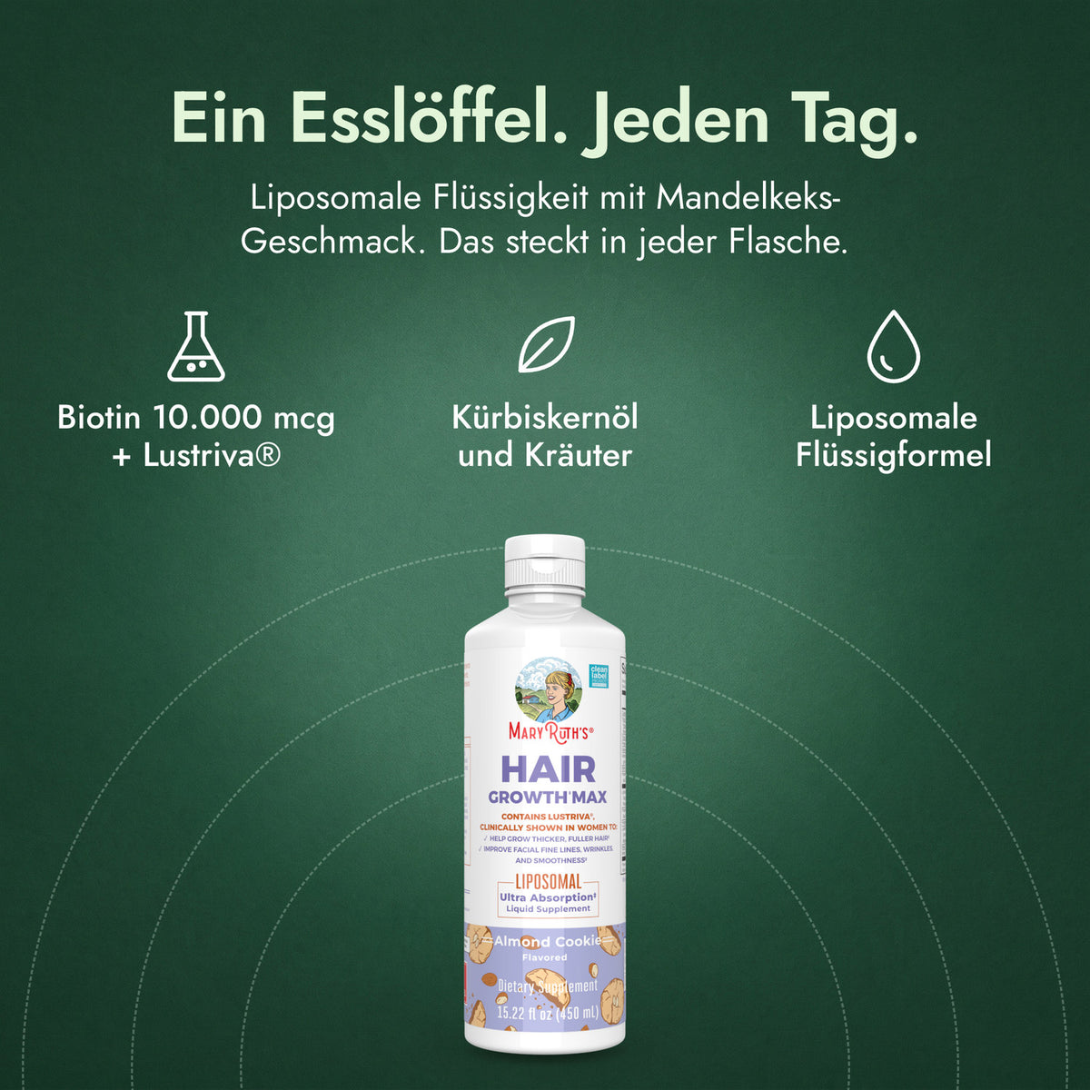 MaryRuth's Hair Growth Max Liposomal: Ein Esslöffel. Jeden Tag. Biotin 10.000 mcg + Lustriva®, Kürbiskernöl und Kräuter, Liposomale Flüssigformel