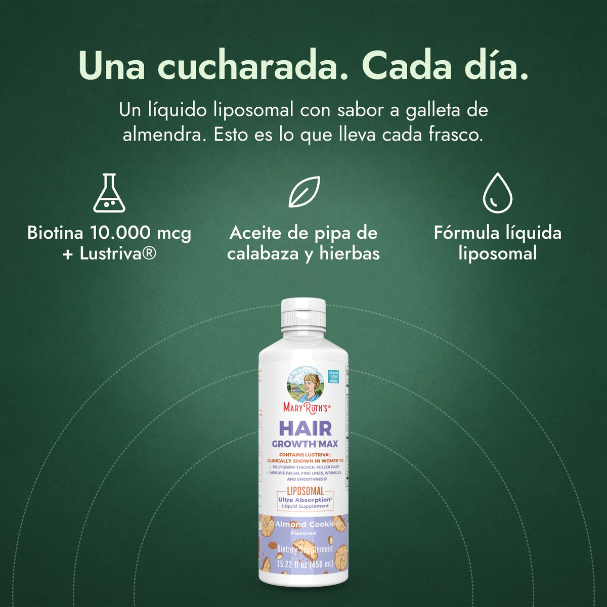 MaryRuth's Hair Growth Max Liposomal: Una cucharada. Cada día. Biotina 10.000 mcg + Lustriva®, Aceite de pipa de calabaza y hierbas, Fórmula líquida liposomal