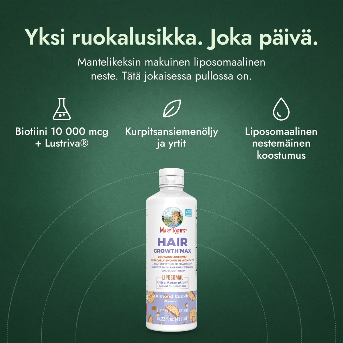 MaryRuth's Hair Growth Max Liposomal: Yksi ruokalusikka. Joka päivä. Biotiini 10 000 mcg + Lustriva®, Kurpitsansiemenöljy ja yrtit, Liposomaalinen nestemäinen koostumus