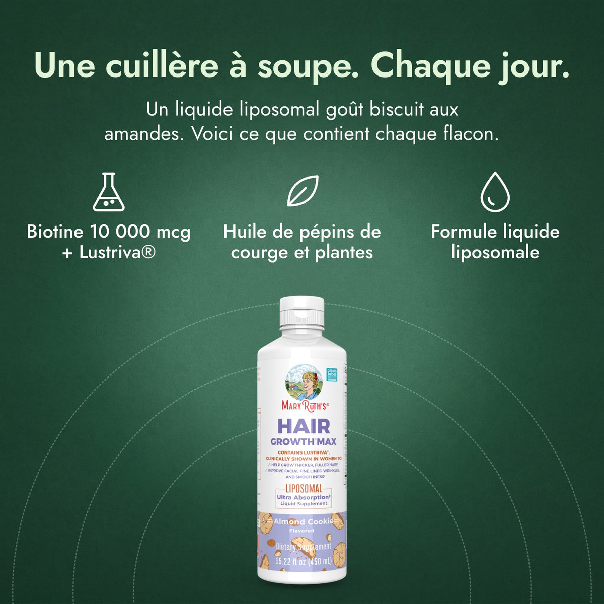 MaryRuth's Hair Growth Max Liposomal: Une cuillère à soupe. Chaque jour. Biotine 10 000 mcg + Lustriva®, Huile de pépins de courge et plantes, Formule liquide liposomale