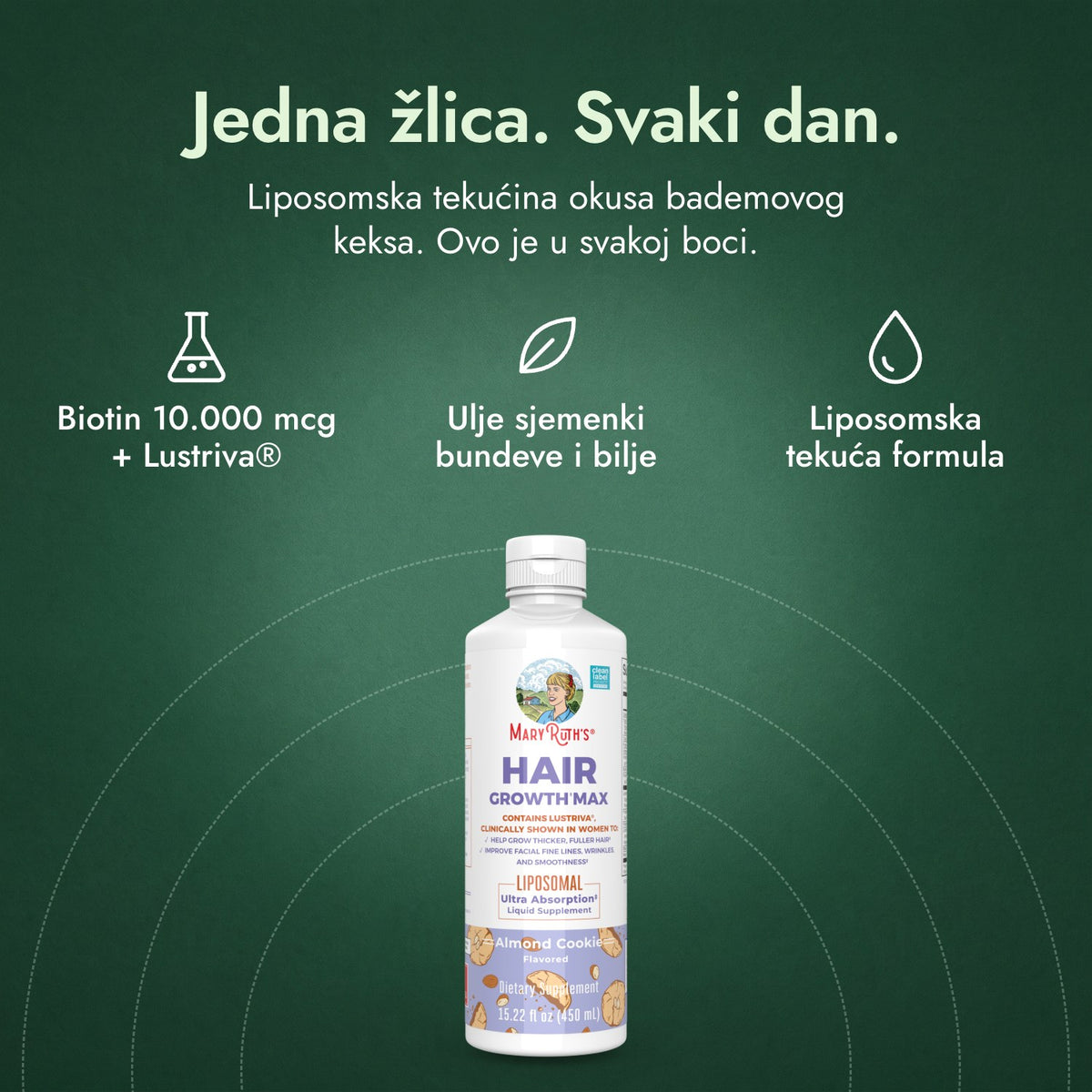 MaryRuth's Hair Growth Max Liposomal: Jedna žlica. Svaki dan. Biotin 10.000 mcg + Lustriva®, Ulje sjemenki bundeve i bilje, Liposomska tekuća formula
