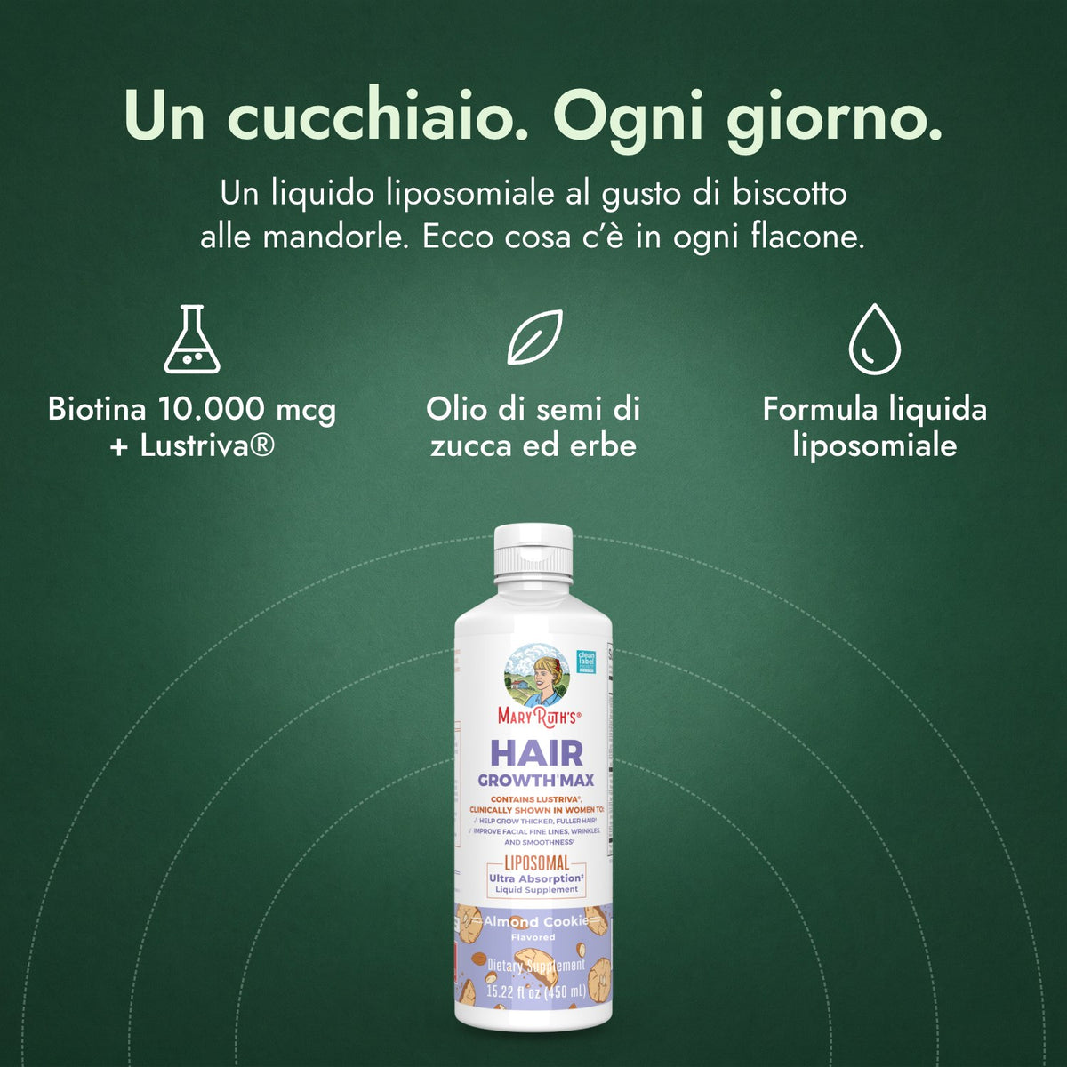 MaryRuth's Hair Growth Max Liposomal: Un cucchiaio. Ogni giorno. Biotina 10.000 mcg + Lustriva®, Olio di semi di zucca ed erbe, Formula liquida liposomiale