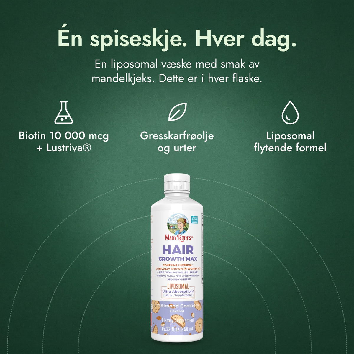 MaryRuth's Hair Growth Max Liposomal: Én spiseskje. Hver dag. Biotin 10 000 mcg + Lustriva®, Gresskarfrøolje og urter, Liposomal flytende formel