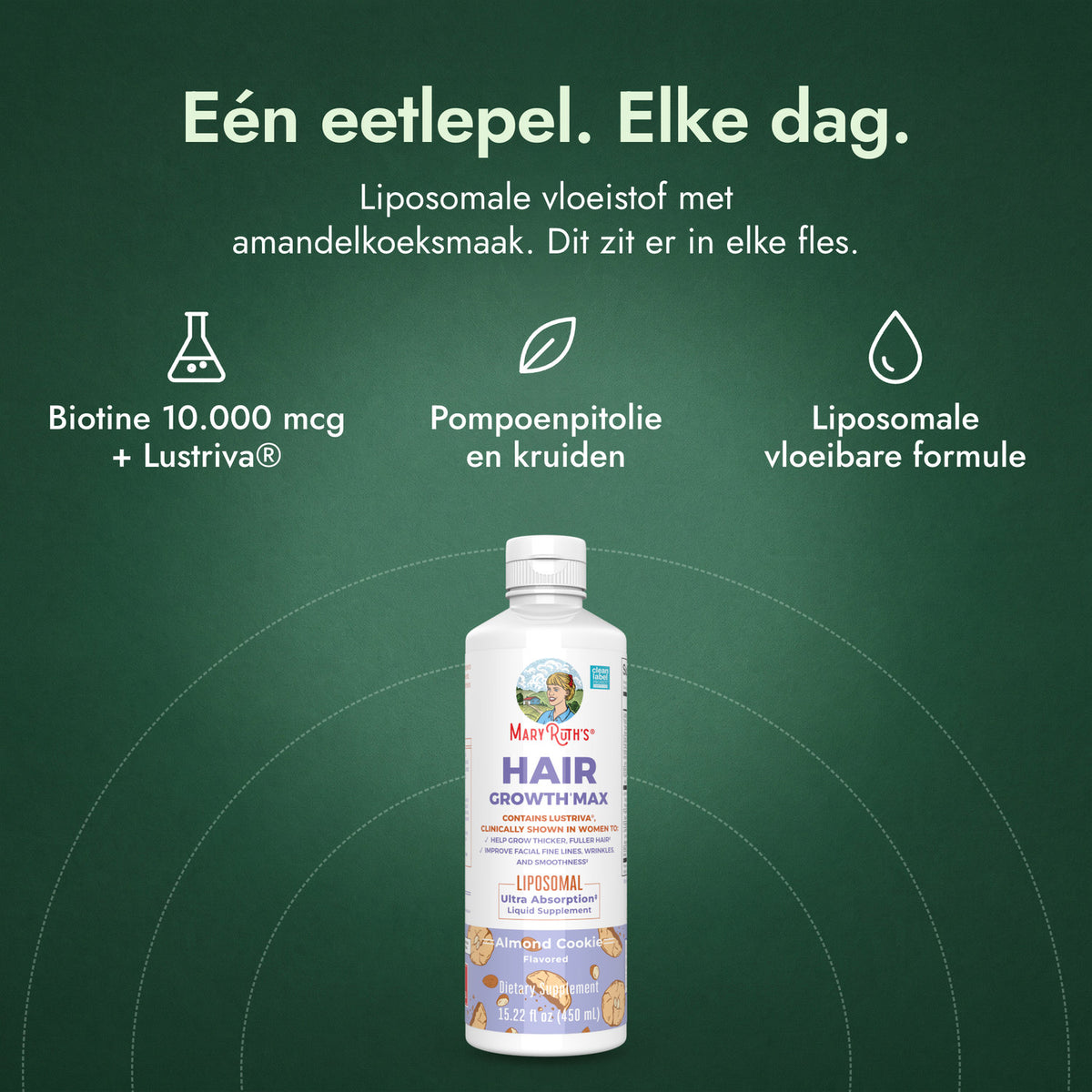 MaryRuth's Hair Growth Max Liposomal: Eén eetlepel. Elke dag. Biotine 10.000 mcg + Lustriva®, Pompoenpitolie en kruiden, Liposomale vloeibare formule
