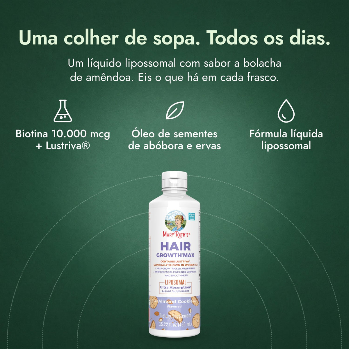 MaryRuth's Hair Growth Max Liposomal: Uma colher de sopa. Todos os dias. Biotina 10.000 mcg + Lustriva®, Óleo de sementes de abóbora e ervas, Fórmula líquida lipossomal