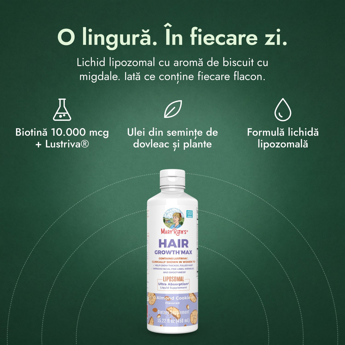 MaryRuth's Hair Growth Max Liposomal: O lingură. În fiecare zi. Biotină 10.000 mcg + Lustriva®, Ulei din semințe de dovleac și plante, Formulă lichidă lipozomală