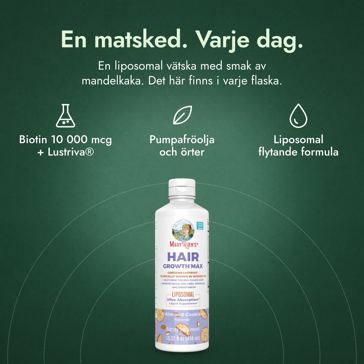 MaryRuth's Hair Growth Max Liposomal: En matsked. Varje dag. Biotin 10 000 mcg + Lustriva®, Pumpafröolja och örter, Liposomal flytande formula