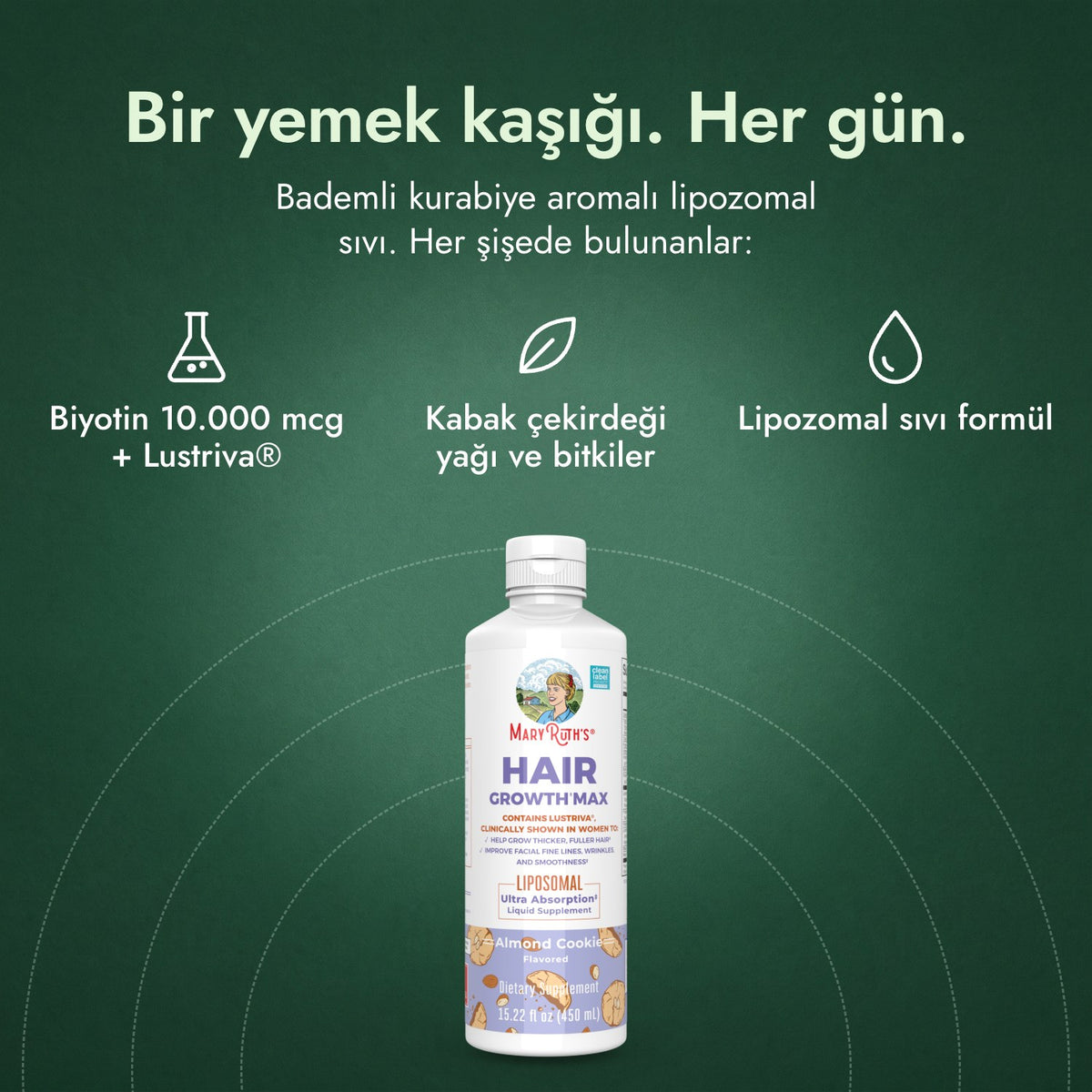 MaryRuth's Hair Growth Max Liposomal: Bir yemek kaşığı. Her gün. Biyotin 10.000 mcg + Lustriva®, Kabak çekirdeği yağı ve bitkiler, Lipozomal sıvı formül