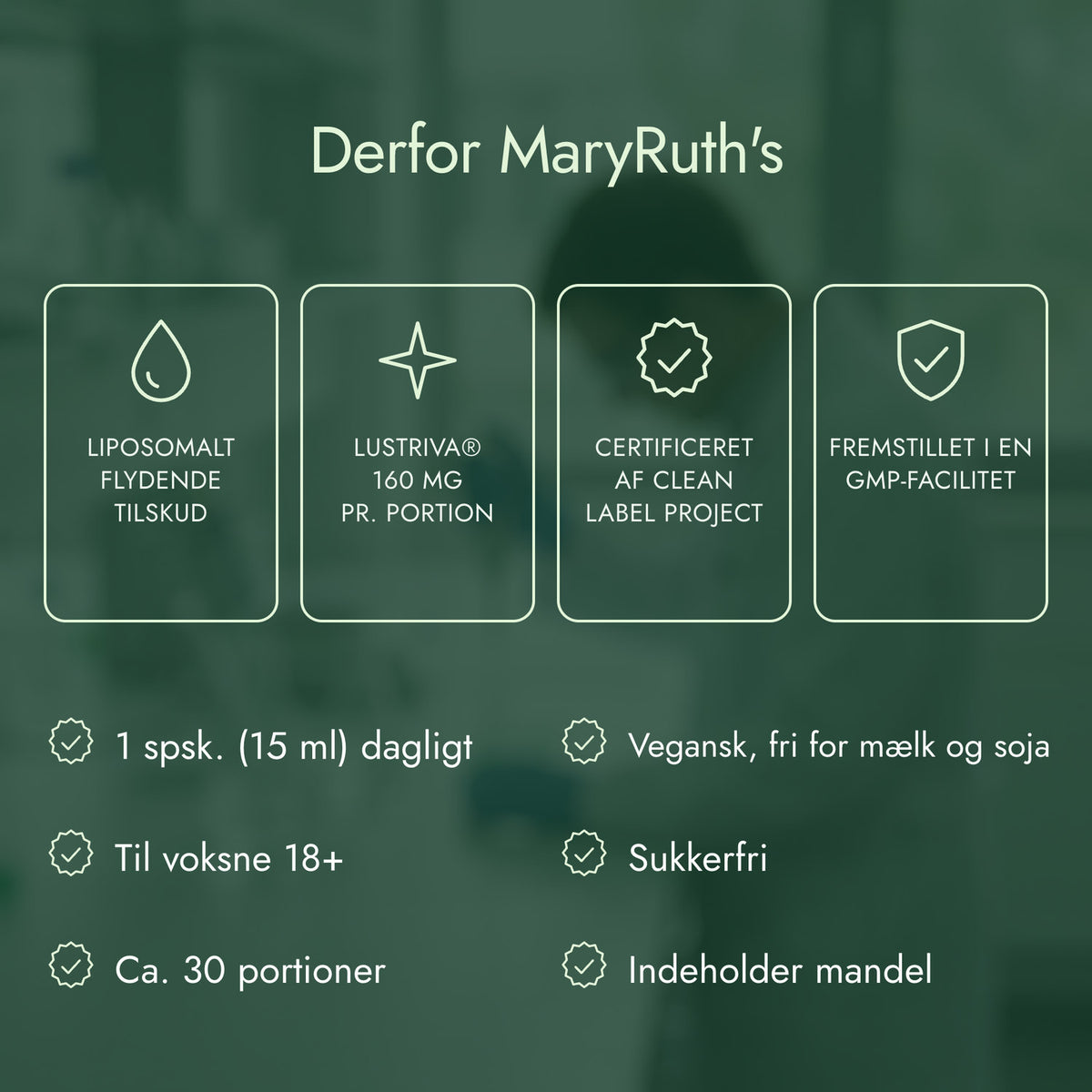 Derfor MaryRuth's: Liposomalt flydende tilskud, Lustriva® 160 mg pr. portion, Certificeret af Clean Label Project, Fremstillet i en GMP-facilitet