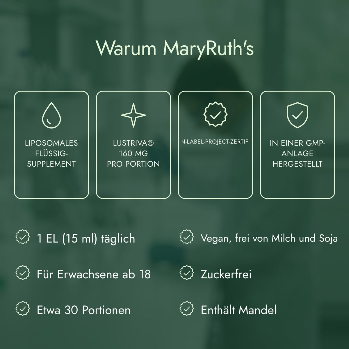 Warum MaryRuth's: Liposomales Flüssig-Supplement, Lustriva® 160 mg pro Portion, Clean-Label-Project-zertifiziert, In einer GMP-Anlage hergestellt