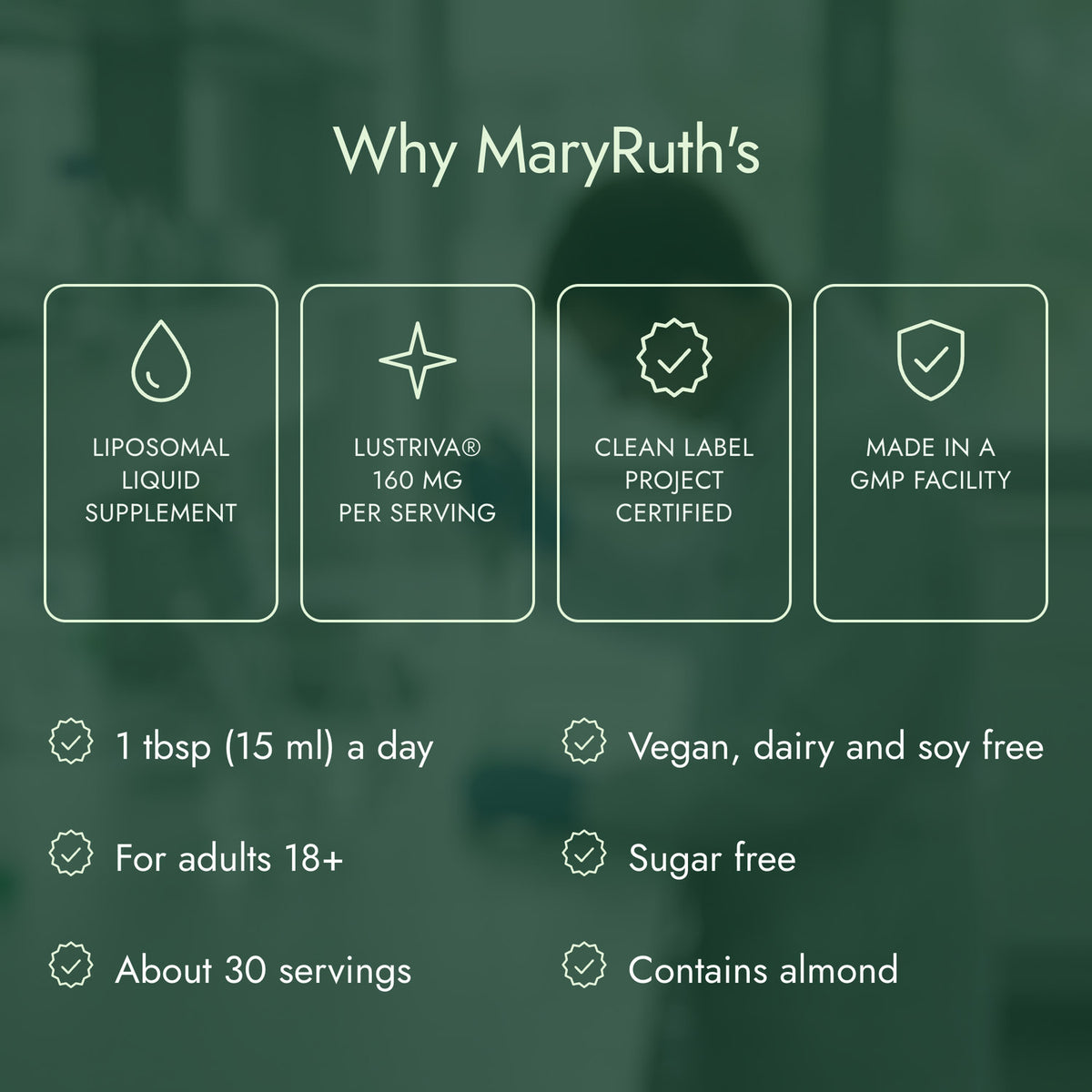Why MaryRuth's: Liposomal liquid supplement, Lustriva® 160 mg per serving, Clean Label Project certified, Made in a GMP facility