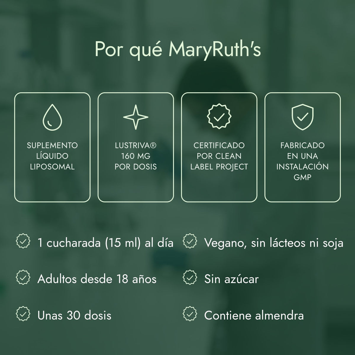 Por qué MaryRuth's: Suplemento líquido liposomal, Lustriva® 160 mg por dosis, Certificado por Clean Label Project, Fabricado en una instalación GMP