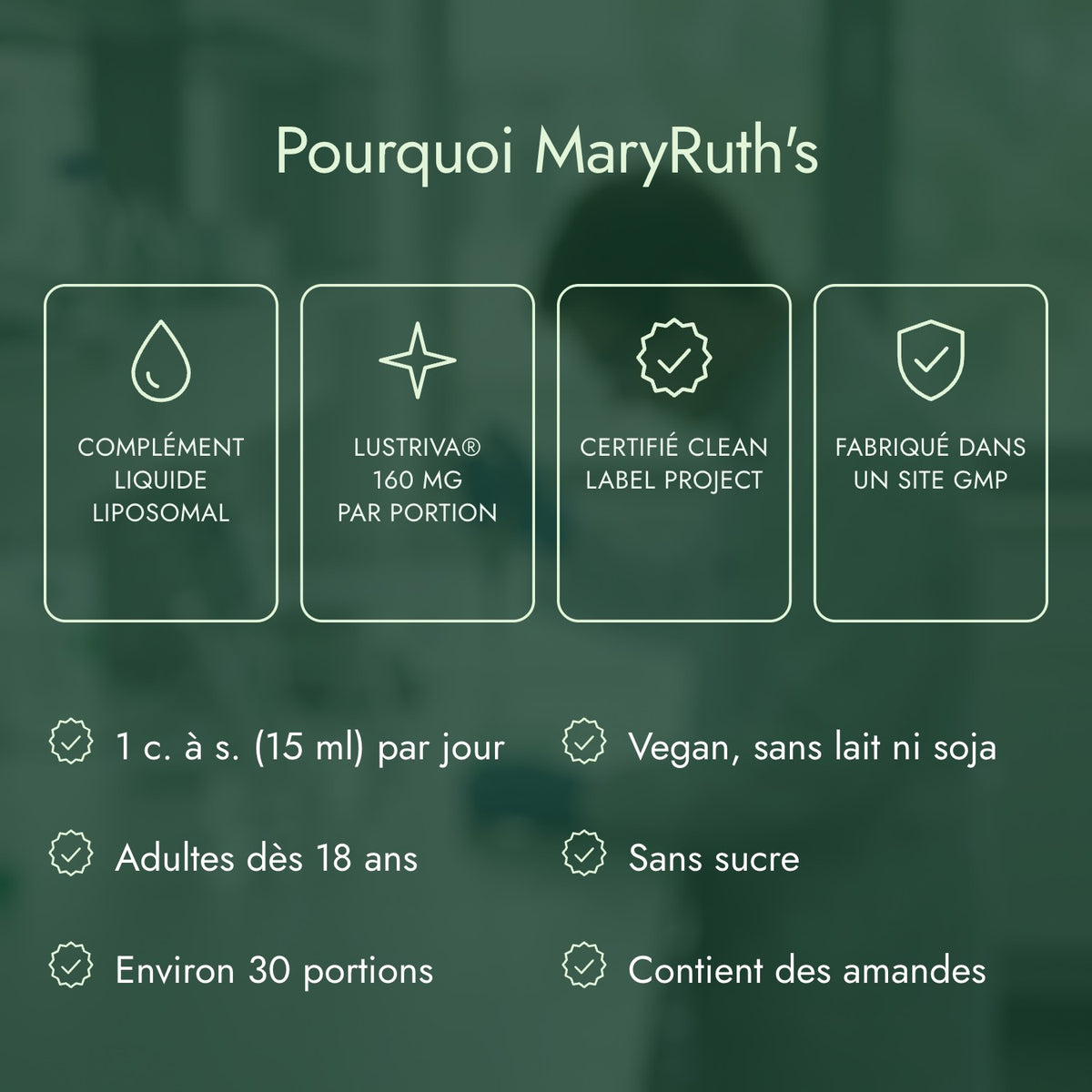 Pourquoi MaryRuth's: Complément liquide liposomal, Lustriva® 160 mg par portion, Certifié Clean Label Project, Fabriqué dans un site GMP
