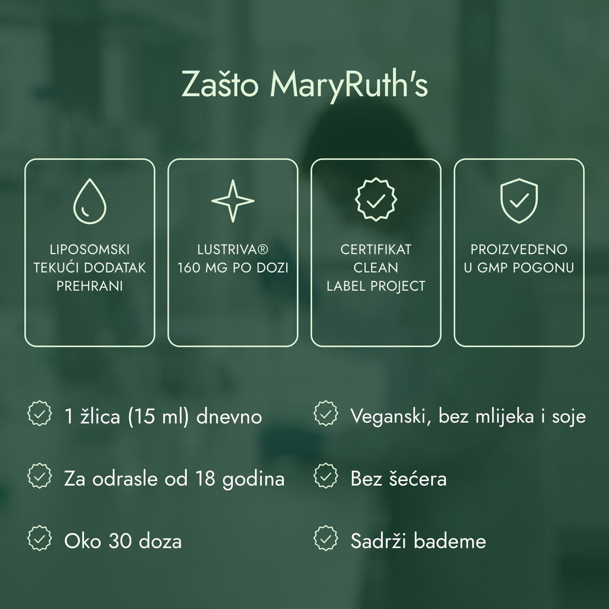 Zašto MaryRuth's: Liposomski tekući dodatak prehrani, Lustriva® 160 mg po dozi, Certifikat Clean Label Project, Proizvedeno u GMP pogonu