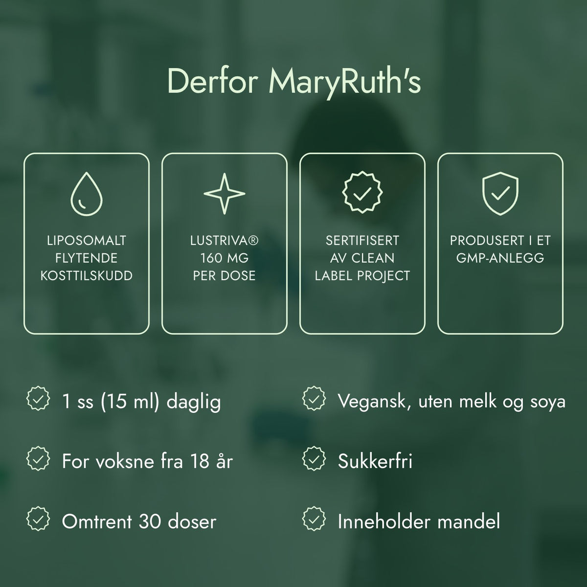 Derfor MaryRuth's: Liposomalt flytende kosttilskudd, Lustriva® 160 mg per dose, Sertifisert av Clean Label Project, Produsert i et GMP-anlegg