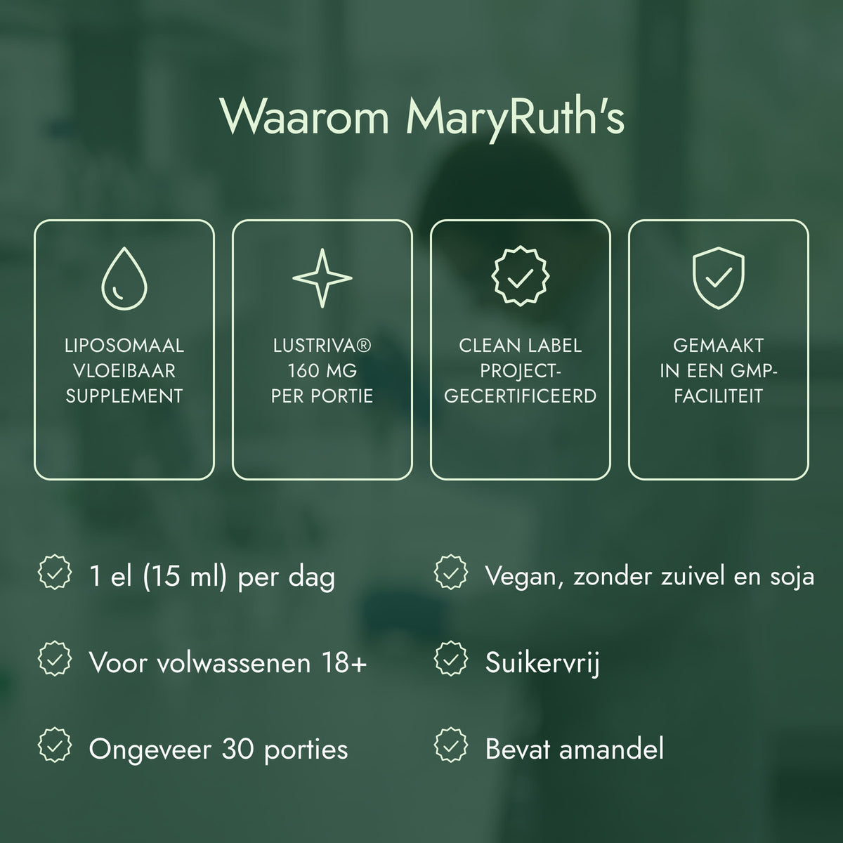 Waarom MaryRuth's: Liposomaal vloeibaar supplement, Lustriva® 160 mg per portie, Clean Label Project-gecertificeerd, Gemaakt in een GMP-faciliteit