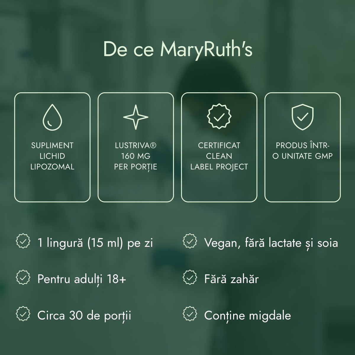 De ce MaryRuth's: Supliment lichid lipozomal, Lustriva® 160 mg per porție, Certificat Clean Label Project, Produs într-o unitate GMP