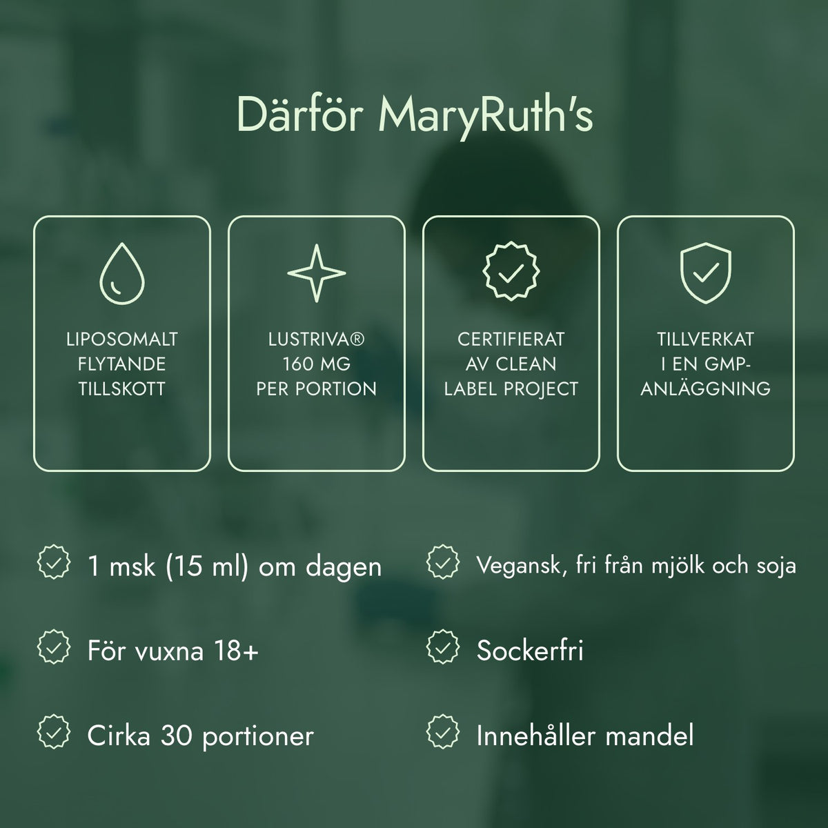 Därför MaryRuth's: Liposomalt flytande tillskott, Lustriva® 160 mg per portion, Certifierat av Clean Label Project, Tillverkat i en GMP-anläggning