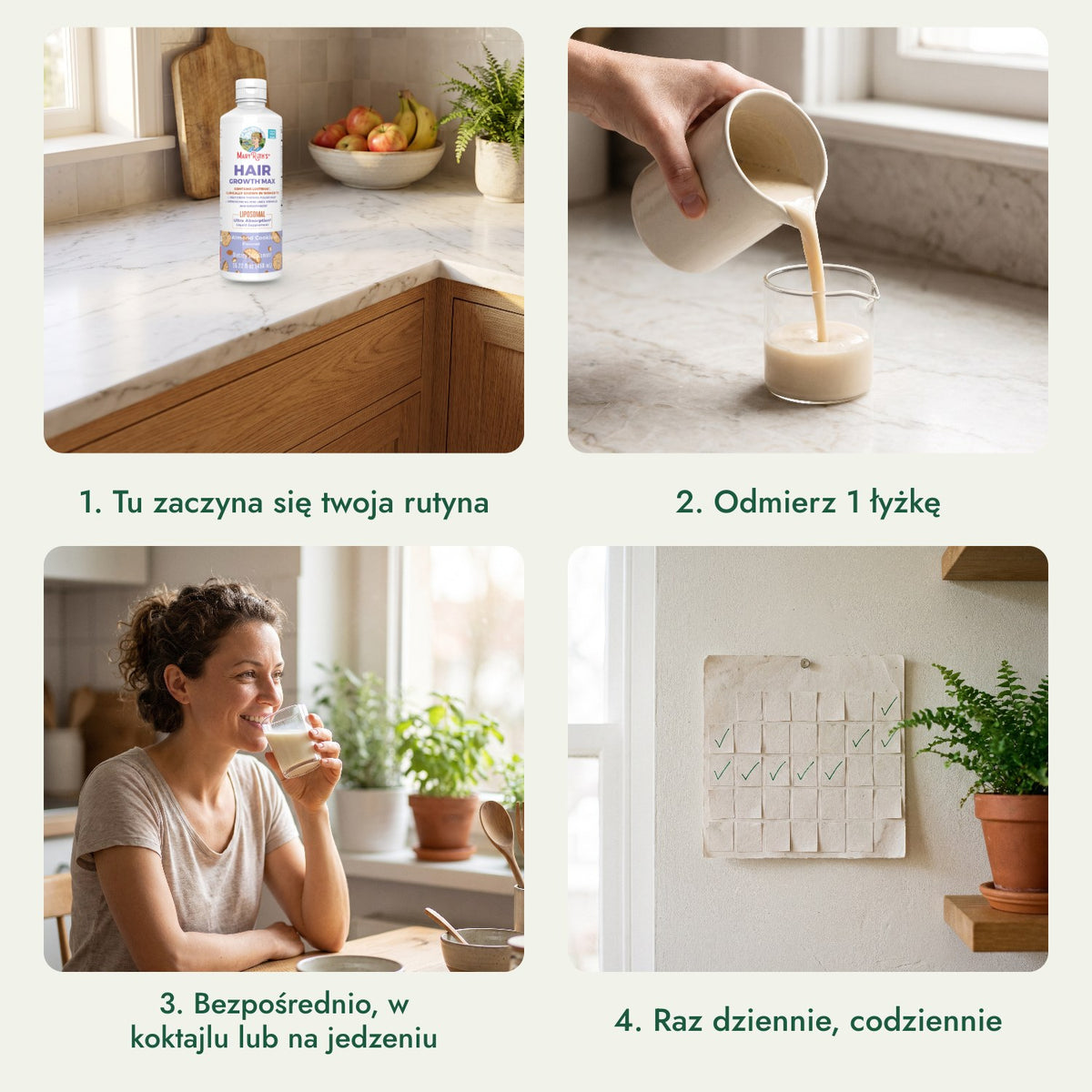 MaryRuth's Hair Growth Max Liposomal: Tu zaczyna się twoja rutyna, Odmierz 1 łyżkę, Bezpośrednio, w koktajlu lub na jedzeniu, Raz dziennie, codziennie