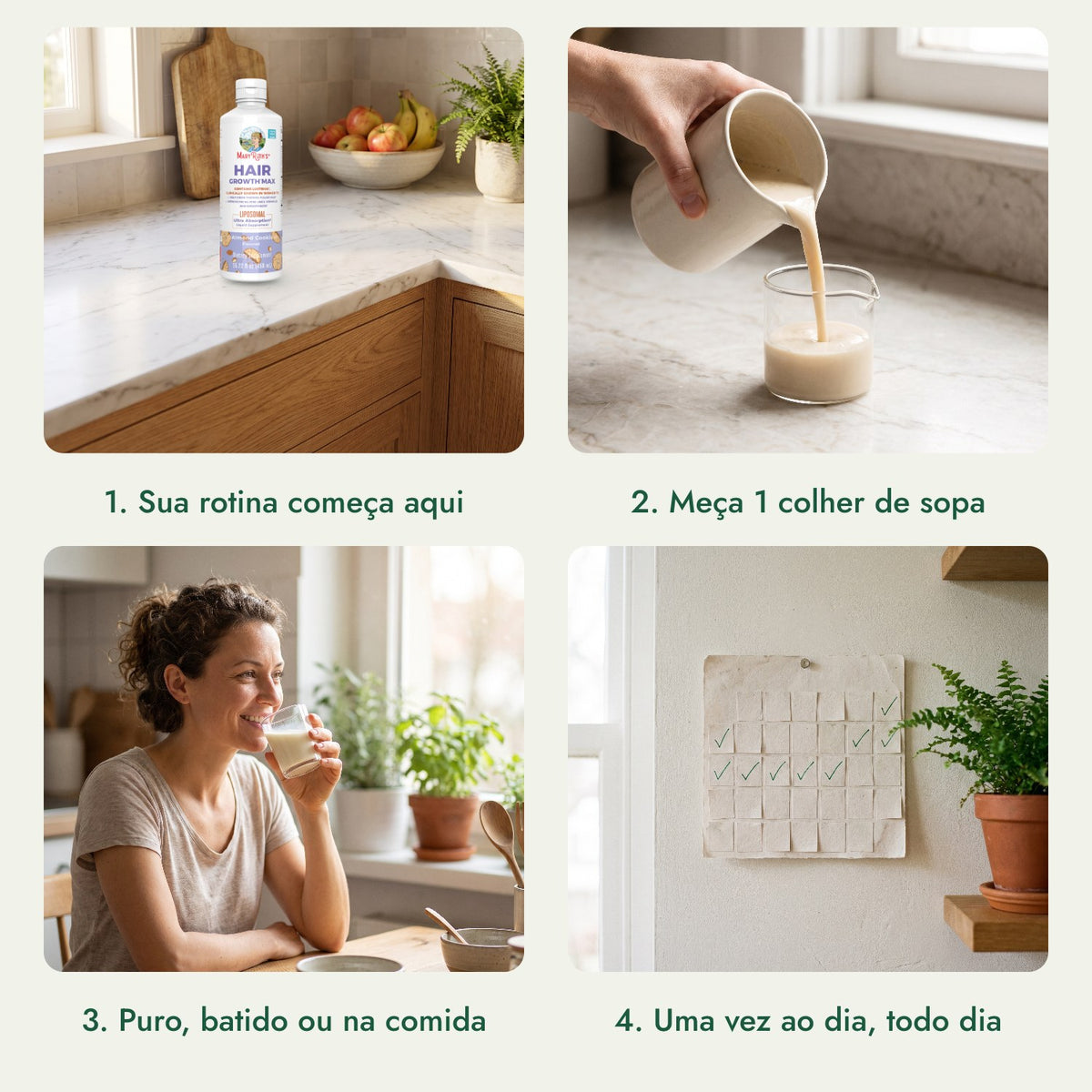 MaryRuth's Hair Growth Max Liposomal: Sua rotina começa aqui, Meça 1 colher de sopa, Puro, batido ou na comida, Uma vez ao dia, todo dia