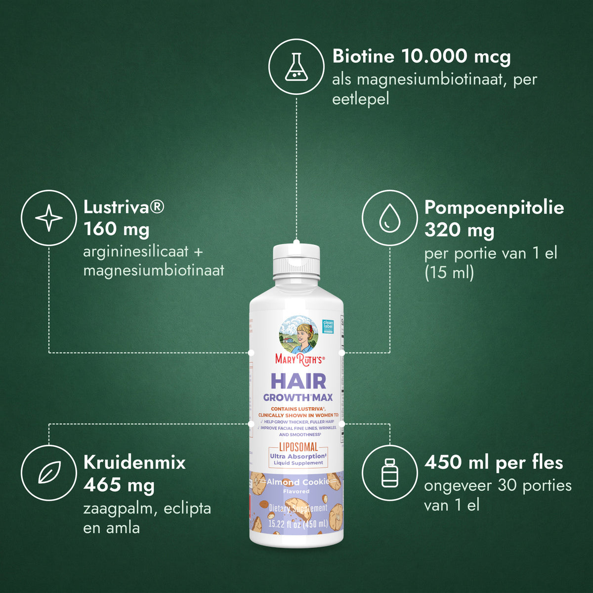 MaryRuth's Hair Growth Max Liposomal: Biotine 10.000 mcg, Lustriva® 160 mg, Pompoenpitolie 320 mg, Kruidenmix 465 mg, 450 ml per fles
