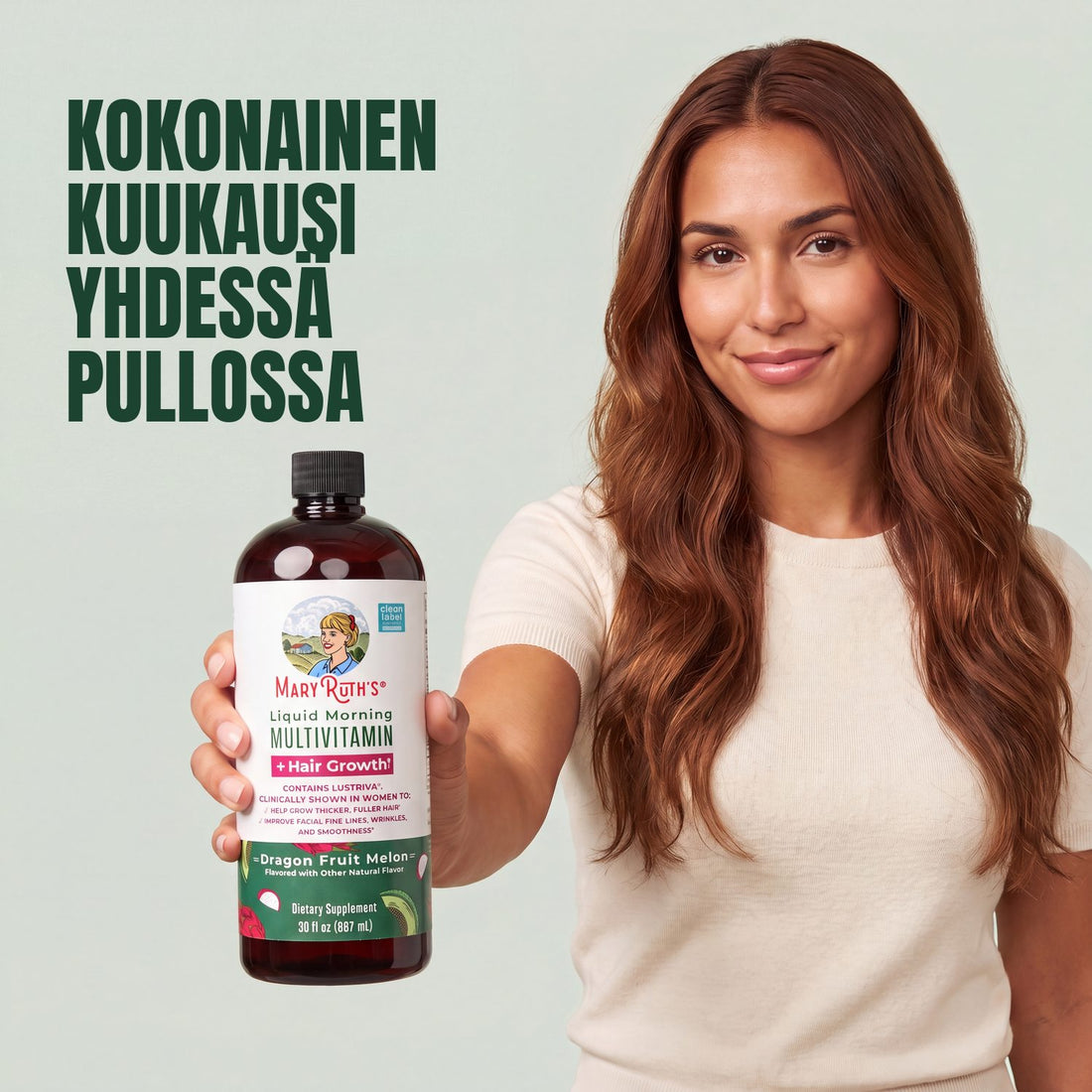 MaryRuth Organics Liquid Morning Multivitamin + Hair Growth, 887 ml:n pullo, lohikäärmehedelmä-melonin maku