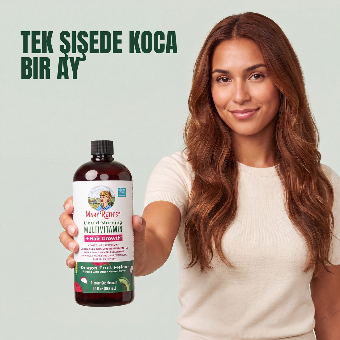 MaryRuth Organics Liquid Morning Multivitamin + Hair Growth, 887 ml şişe, ejder meyvesi ve kavun aromalı