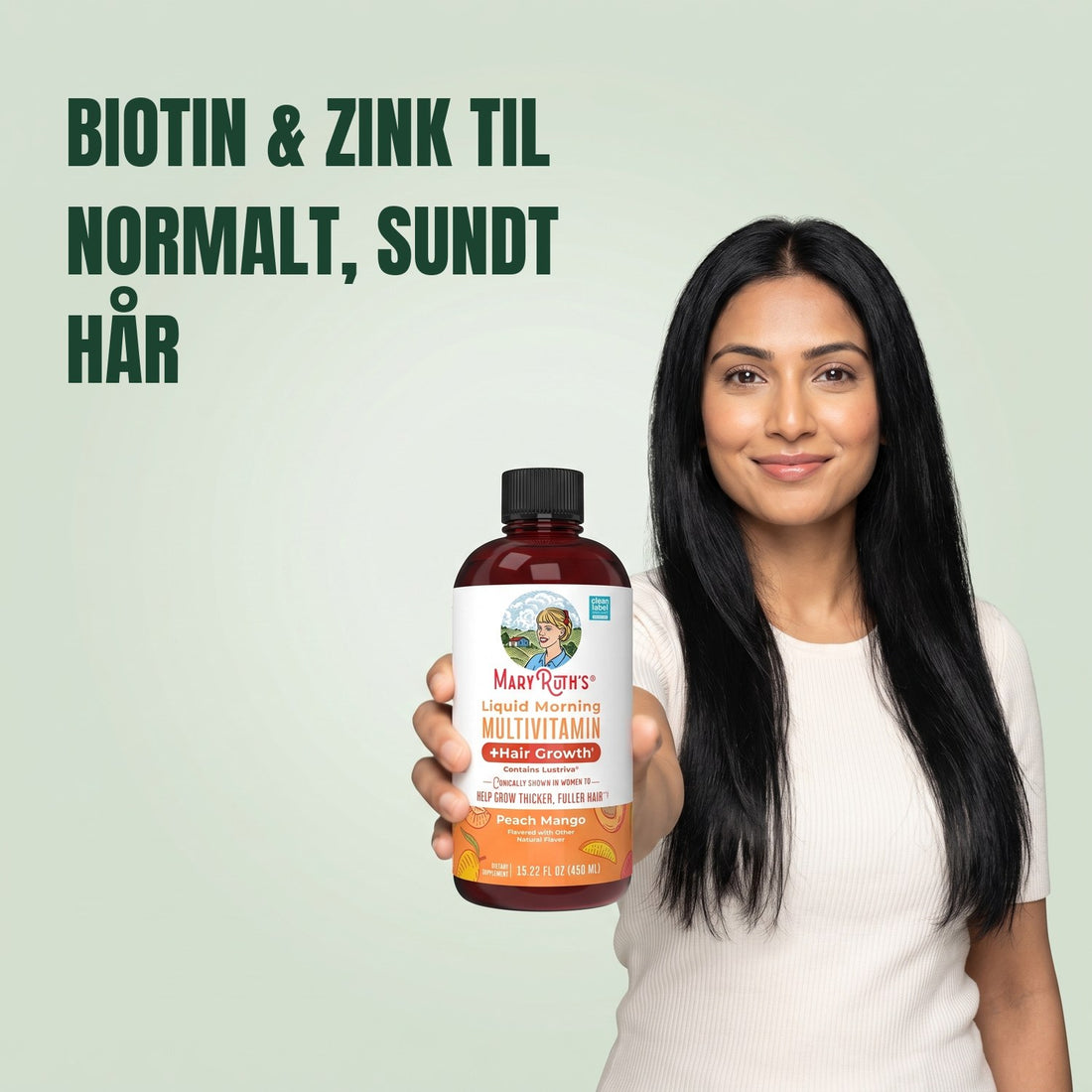 MaryRuth Organics Liquid Morning Multivitamin + Hair Growth 450 ml flaske, fersken-mango-smag