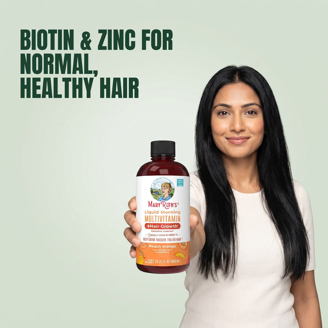 MaryRuth Organics Liquid Morning Multivitamin + Hair Growth 450 ml bottle, peach mango flavour
