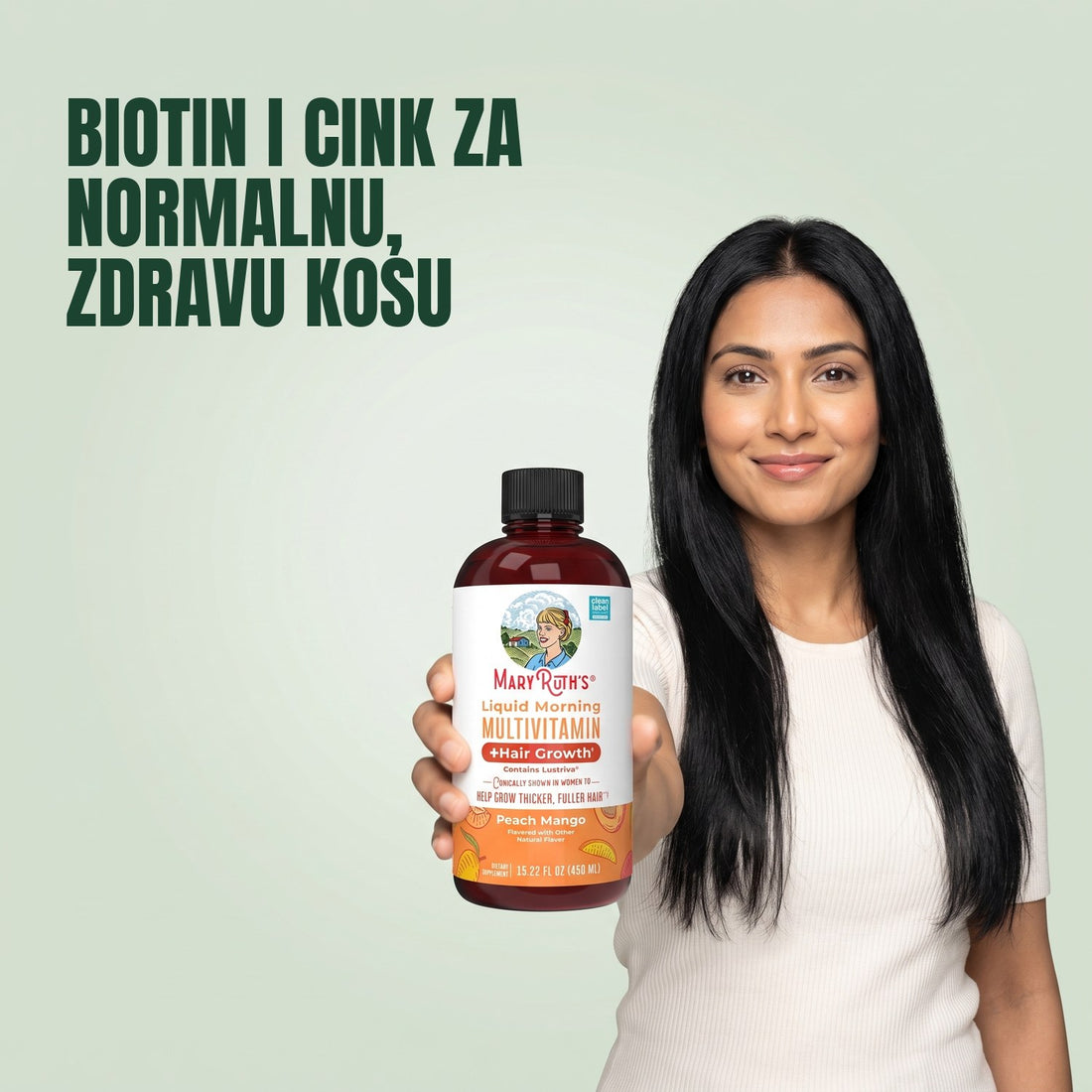 MaryRuth Organics Liquid Morning Multivitamin + Hair Growth, boca 450 ml, okus breskva-mango